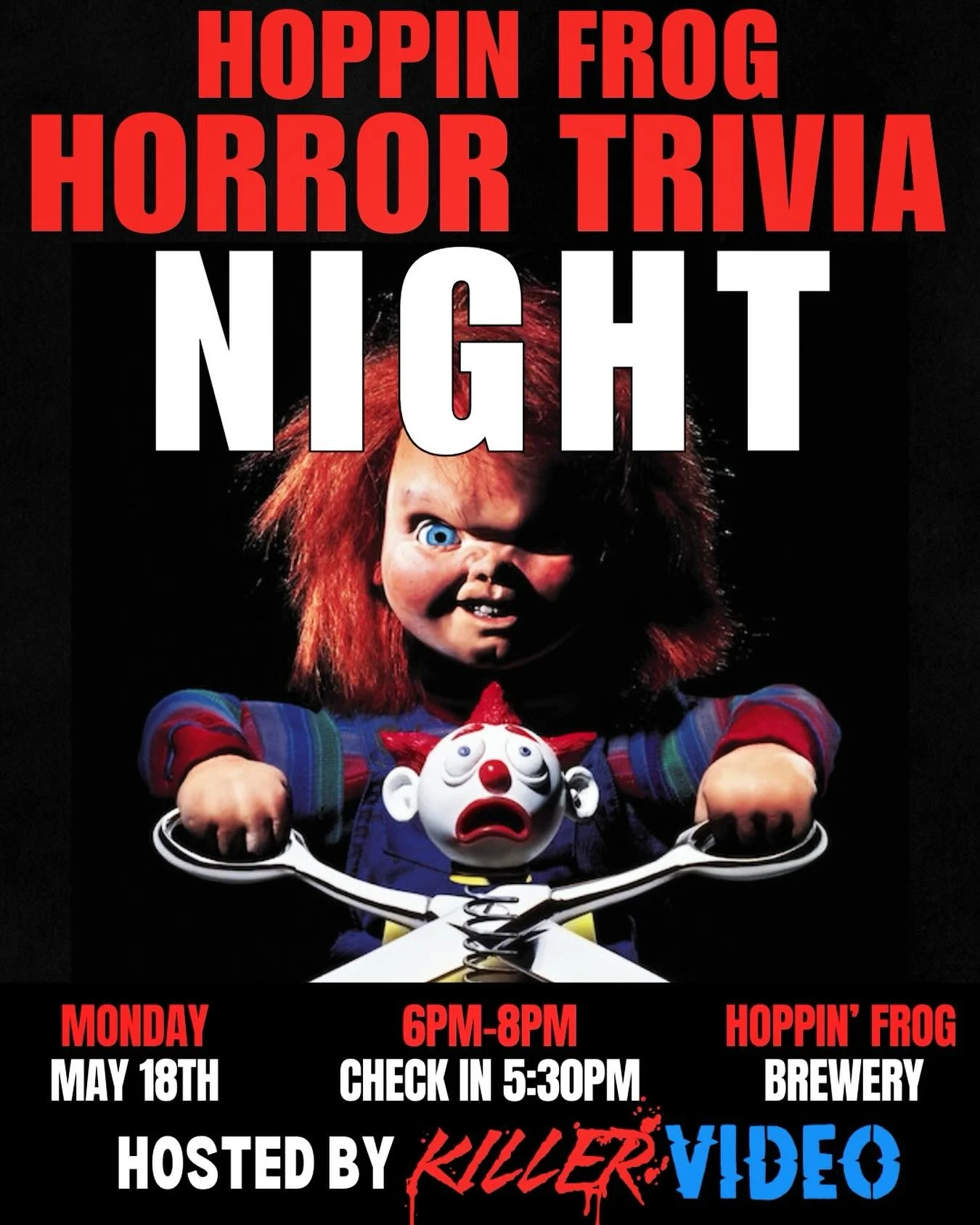 Please join us for our monthly horror trivia night at The Hoppin&rsquo; Frog Brewery in Akron, Ohio on Monday, May 18th from 6PM-8PM. Check in begins at 5:30PM, Game starts promptly at 6PM. Prizes awarded for 1st-3rd place in both rounds, plus door p