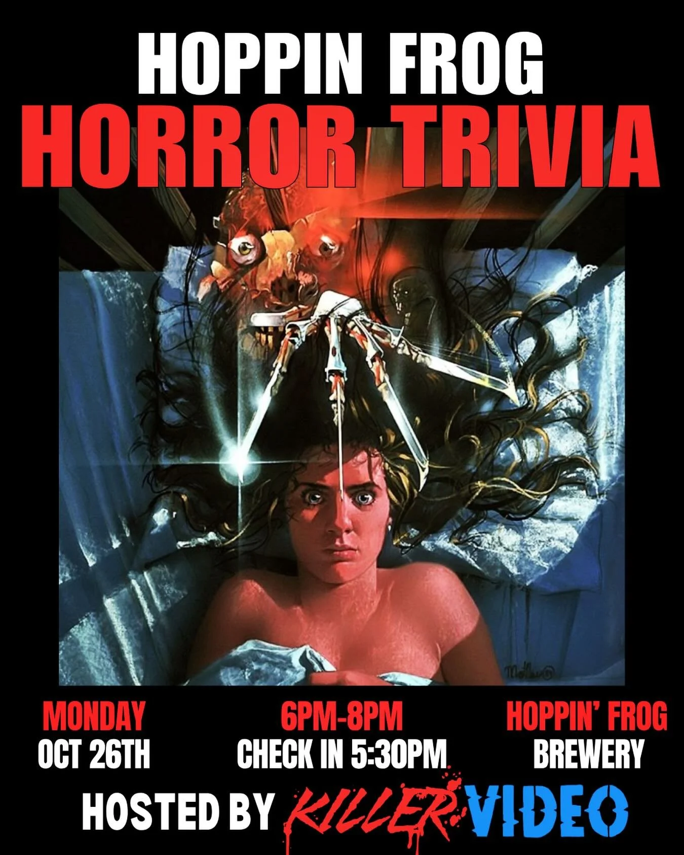 Please join us for our monthly horror trivia night at The Hoppin&rsquo; Frog Brewery in Akron, Ohio on Monday, October 26th from 6PM-8PM. Check in begins at 5:30PM, Game starts promptly at 6PM. Prizes awarded for 1st-3rd place in both rounds, plus do