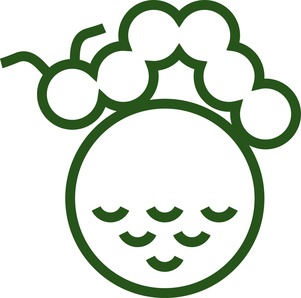 Outline drawing of a pineapple with green leaves on top.