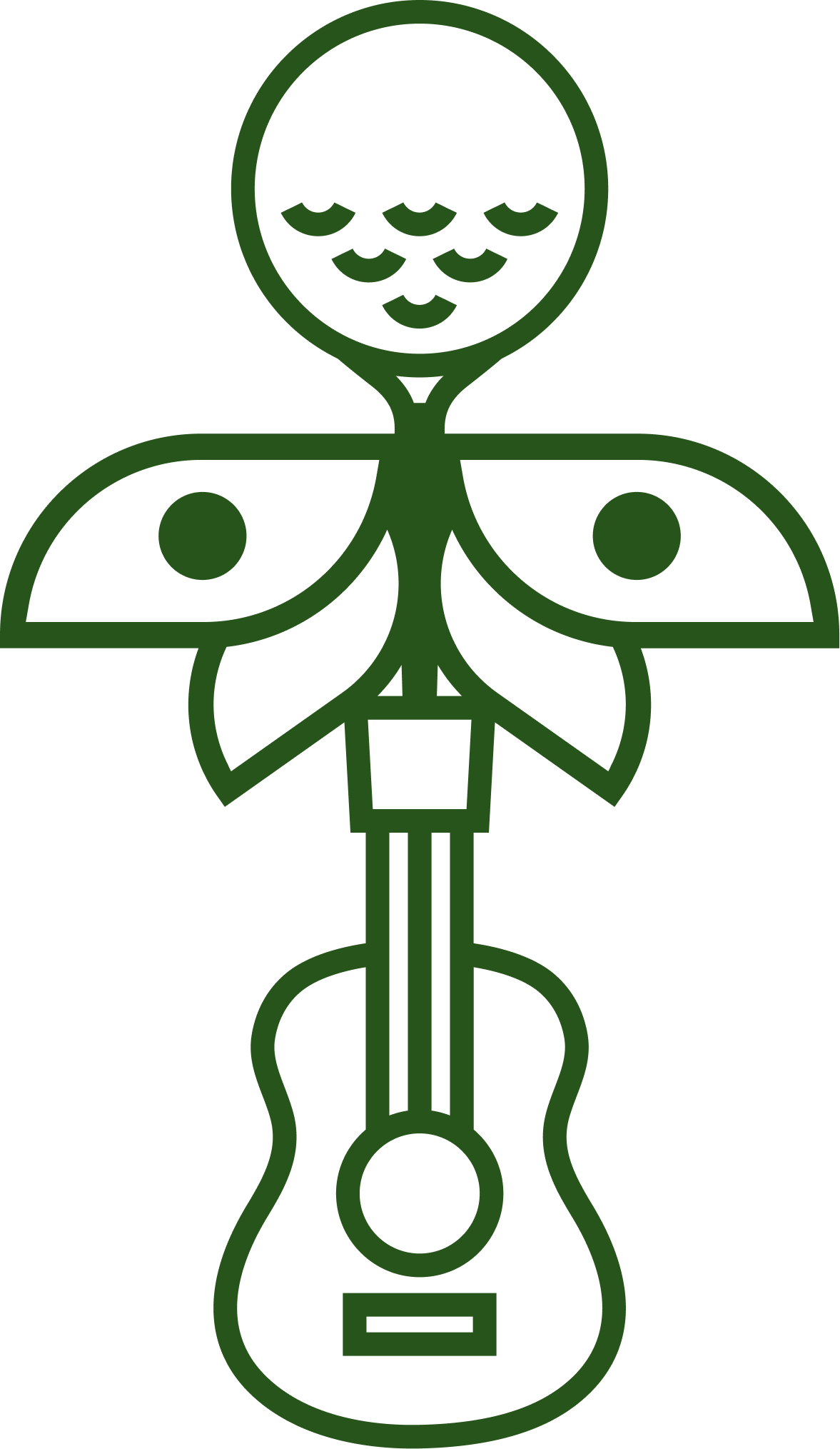 A stylized line drawing of a bird, with its wings extended, perched on a guitar. The drawing uses green lines on a black background.