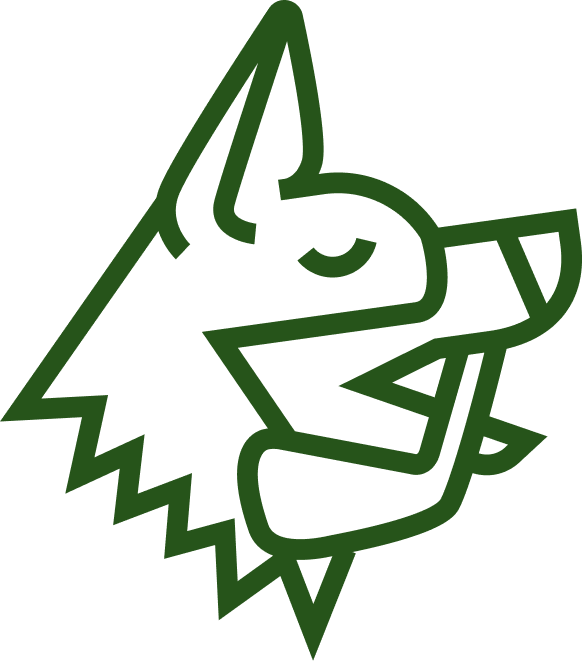 Line art illustration of a wolf's head with geometric shapes and sharp angles, using green lines on a black background.