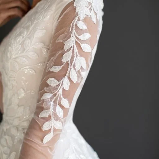 Close-up of a wedding dress with lace leaf embroidery on sheer sleeve.