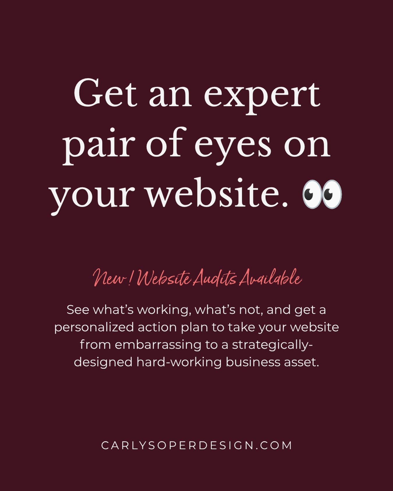 Find out exactly what your website needs to start converting.
👉🏼 I&rsquo;ll provide a holistic audit of your strategy, structure, design, and SEO, delivered as a personalized report that shows you what&rsquo;s working, what&rsquo;s broken, and prec