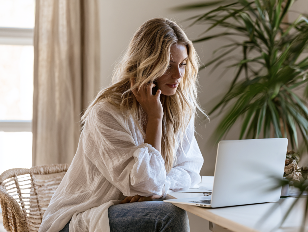 A woman with blonde hair sitting at a table using a laptop, with a large green plant in the background and a window with curtains to the left.