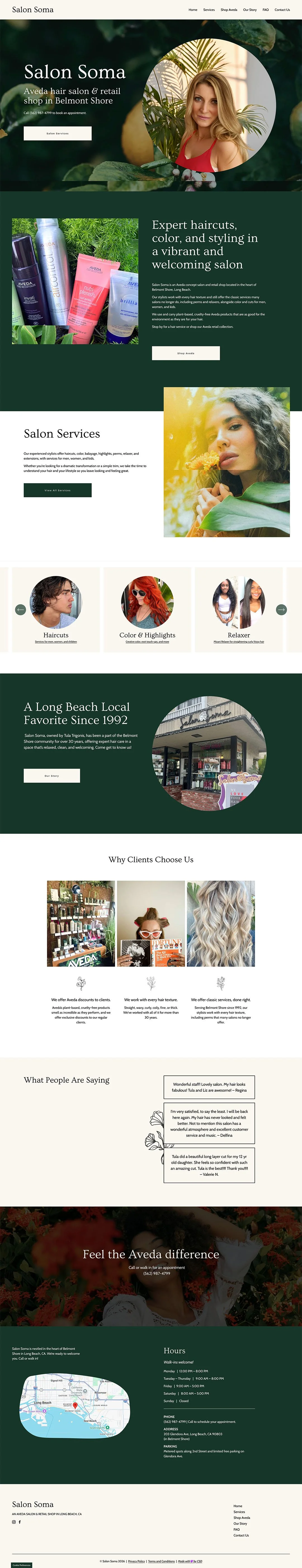 A salon website homepage featuring images of women, hair and beauty products, and salon interior, with sections for services, client testimonials, and contact information.