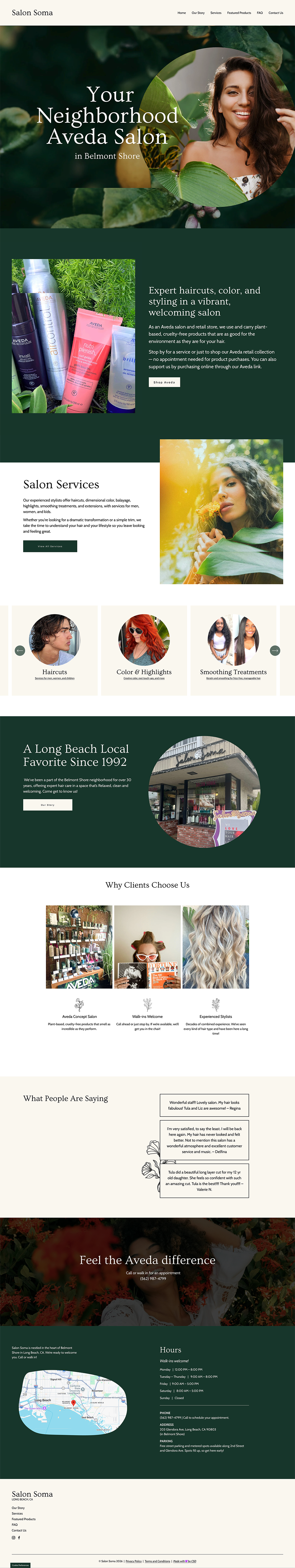 A webpage design for Salon Soma, an Aveda salon in Belmont Shore. The page features images of a smiling woman with long dark hair, hair care products, another woman outdoors with sunlight, and three circular icons for salon services like haircuts, color highlights, and smoothing treatments. The website includes sections about services, client reviews, and contact information with a map.