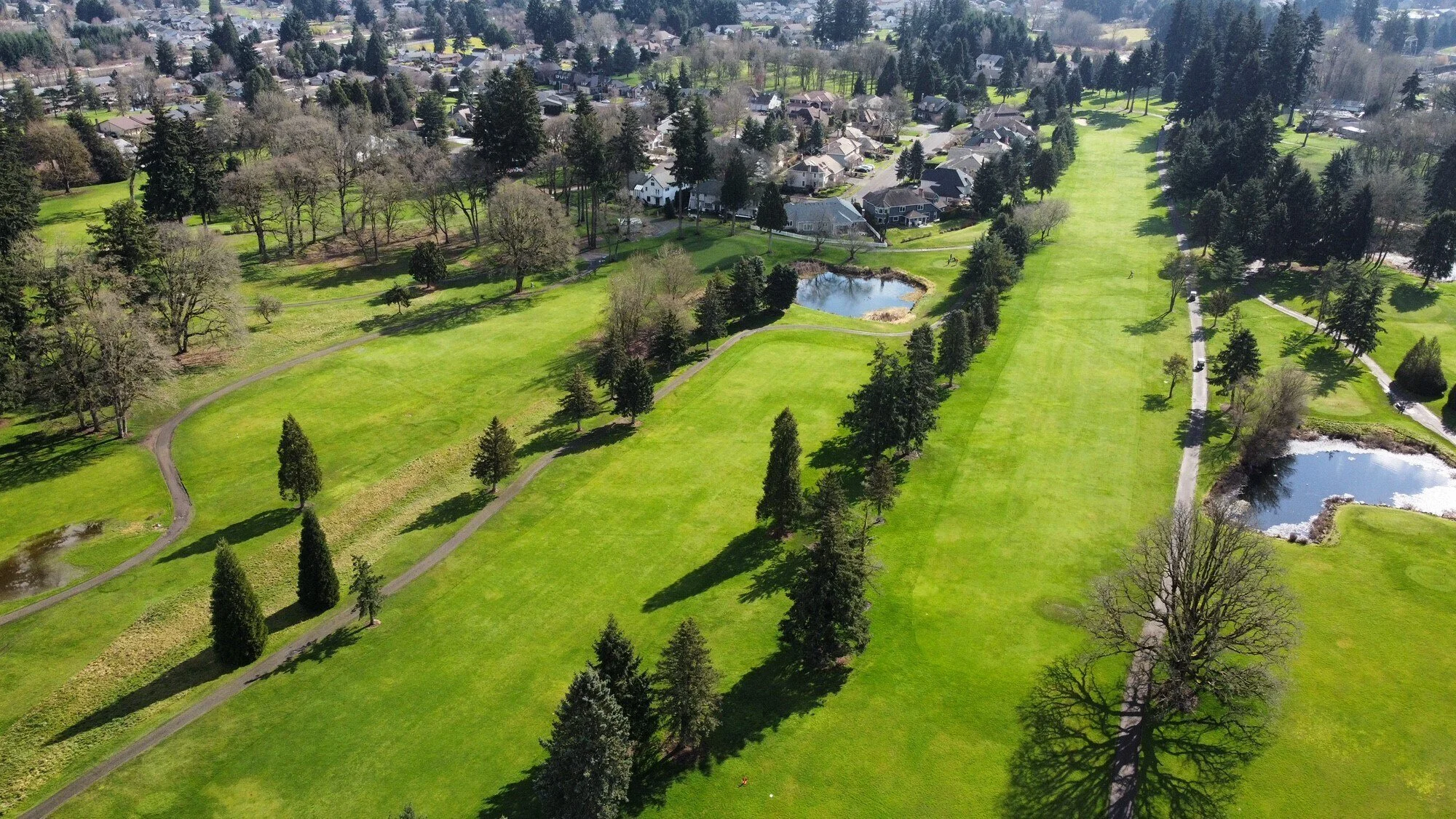 Aerial view of a golf course with green fairways, trees lining the paths, small ponds, and a residential neighborhood in the background.