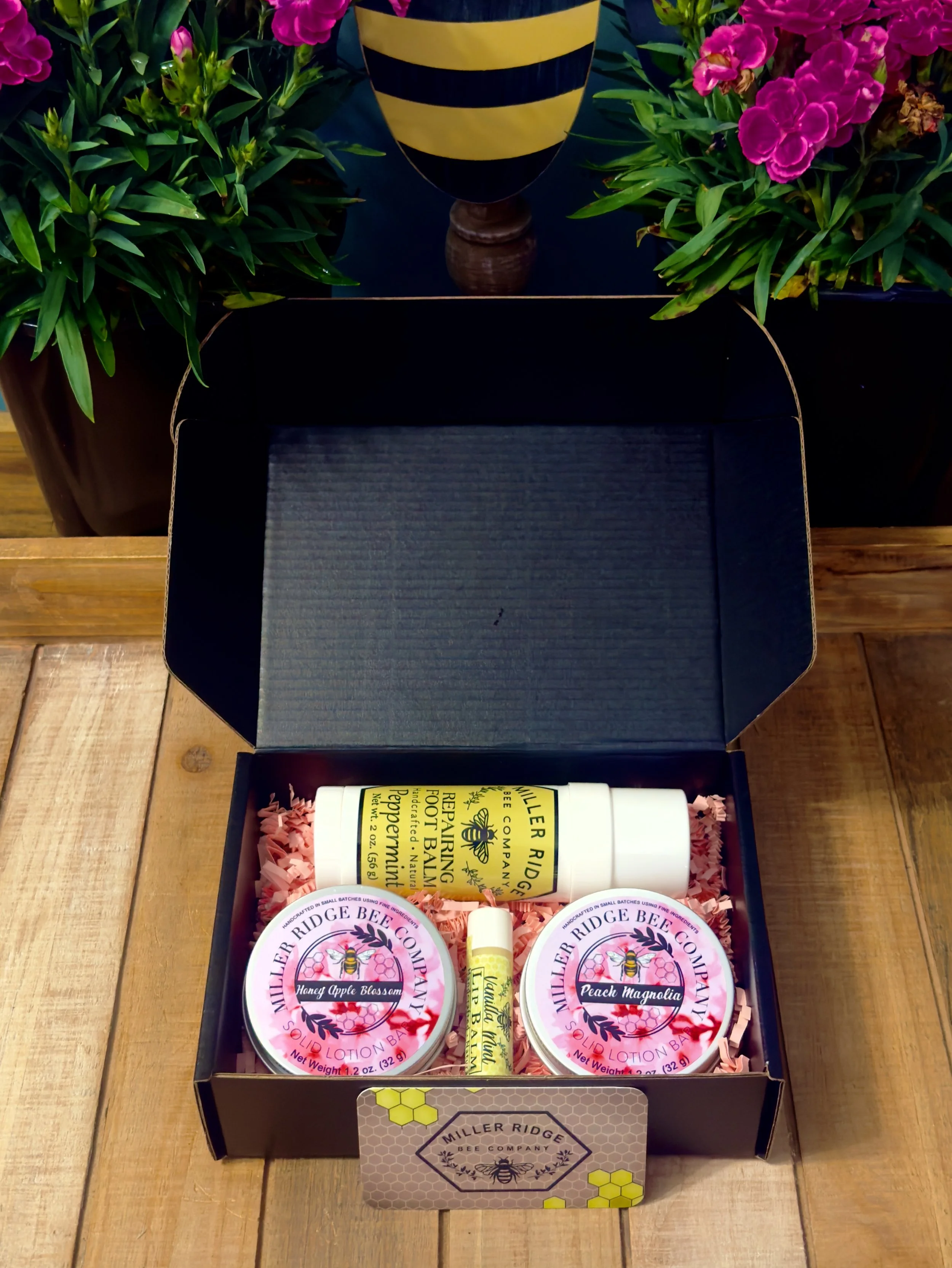 Gift box with 2 lotion bars, footbalm, and lip balm