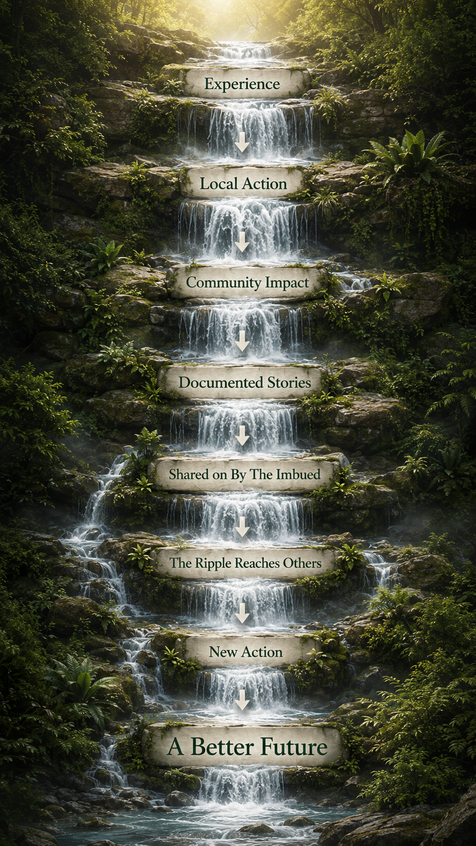 Waterfall pathway showing Experience flowing into Local Action, Community Impact, Documented Stories, sharing on By The Imbued, the ripple reaching others, New Action, and A Better Future.
