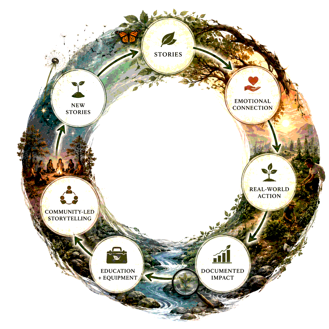 Circular regenerative ecosystem showing Stories leading to Emotional Connection, Real-World Action, Documented Impact, Education and Equipment, Community-Led Storytelling, New Stories, and back to Stories.