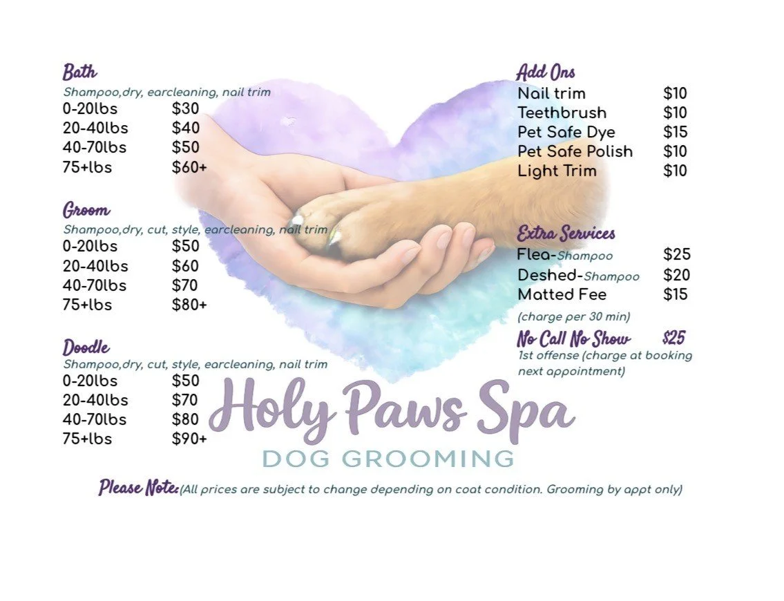 PupTown grooming list of services.