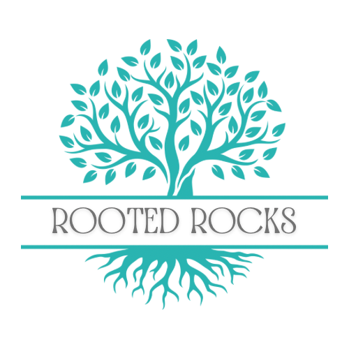 A teal tree with roots and leaves, with the text "Rooted Rocks" beneath it.