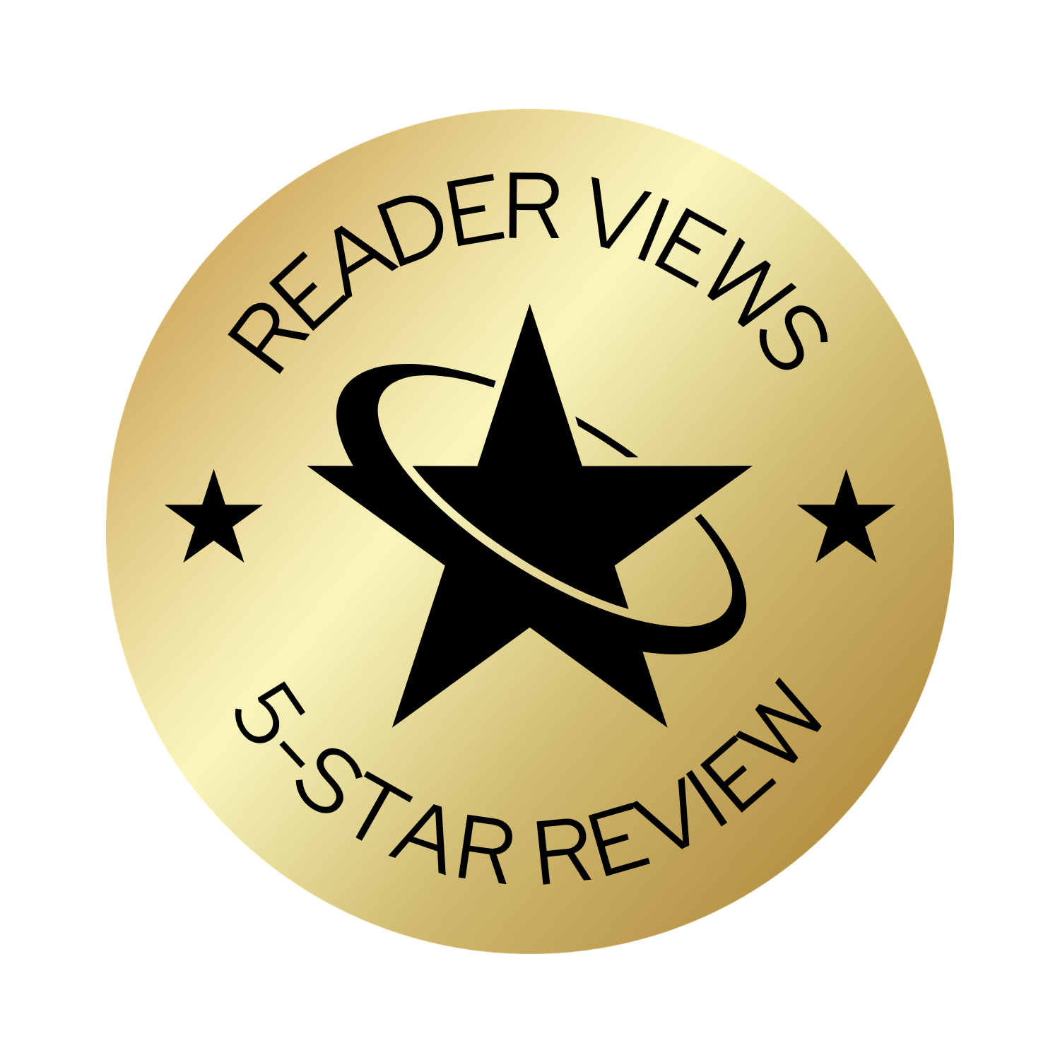 Gold circular badge with black star, text that reads 'READER VIEWS' at the top, '5-STAR REVIEW' at the bottom, and featuring a black star with a swoosh around it.