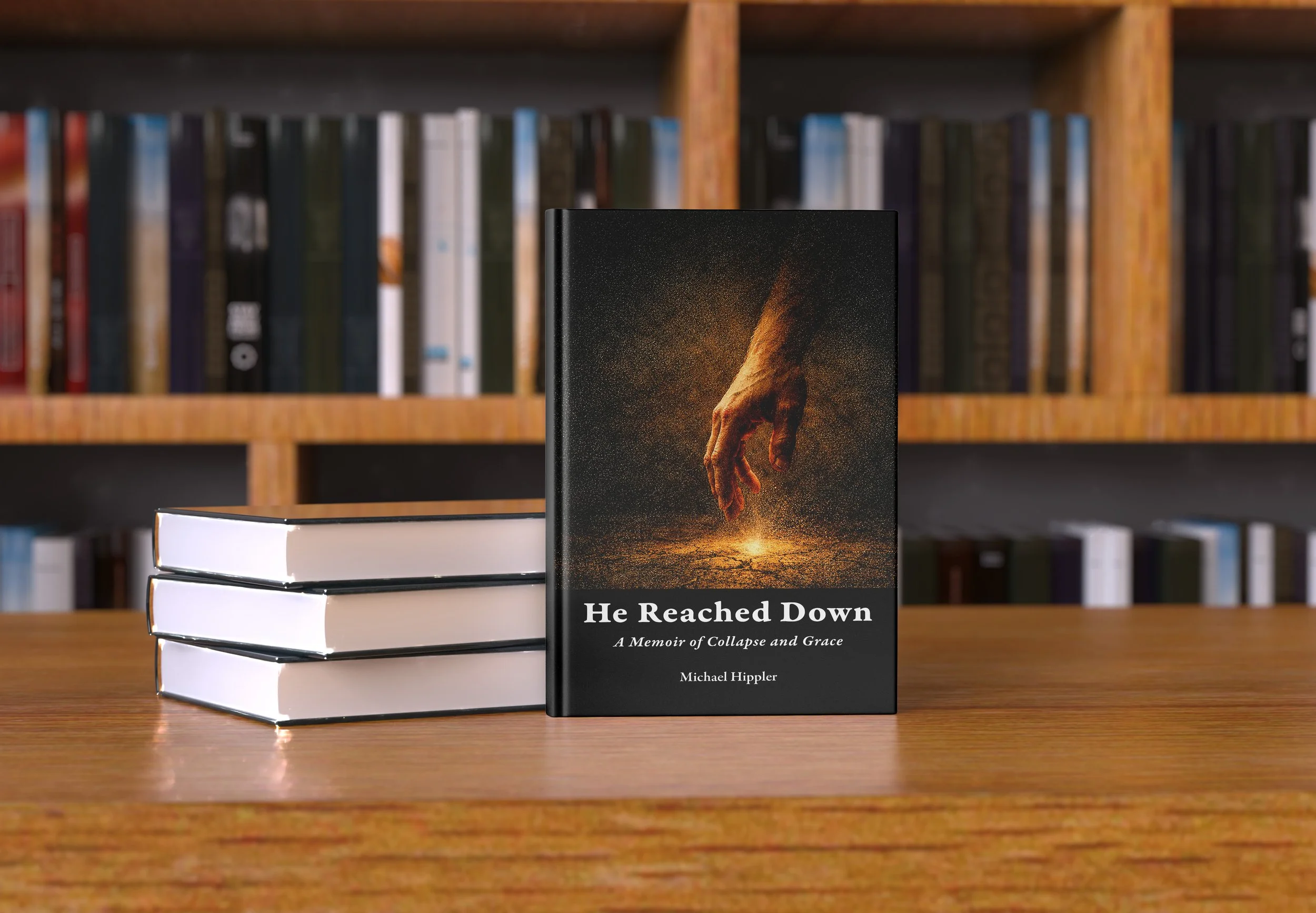 A stack of three white books with black edges on a wooden table. In front of the books is a black hardcover book titled "He Reached Down" with a subtitle "A Memoir of Collapse and Grace" by Michael Hippler. The cover features an illustration of a hand reaching downward, set against a dark background. In the background, there is a wooden bookshelf filled with multicolored books.