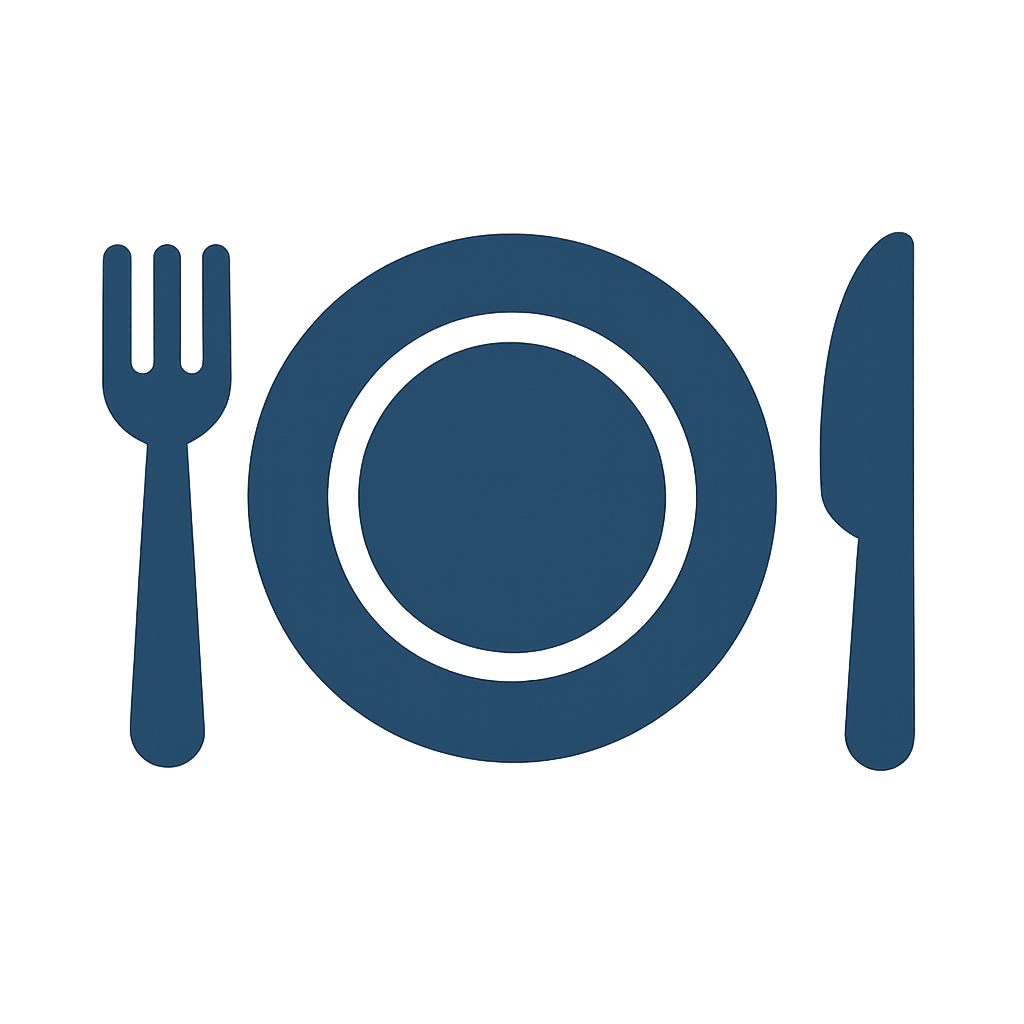 Icon of a fork on the left, a plate in the center, and a knife on the right, all in dark blue.