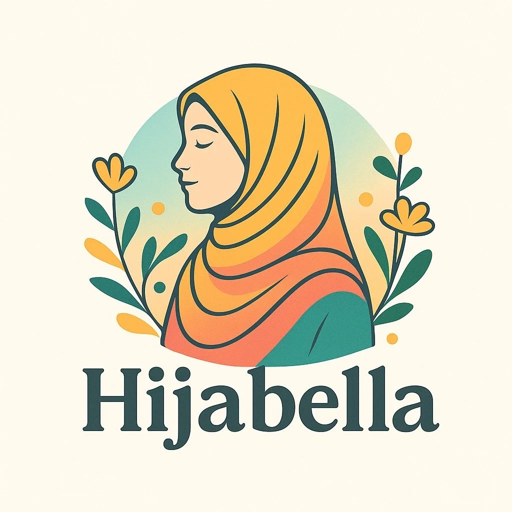 An illustration of a woman wearing a hijab, surrounded by floral designs, with the word "Hijabella" below.