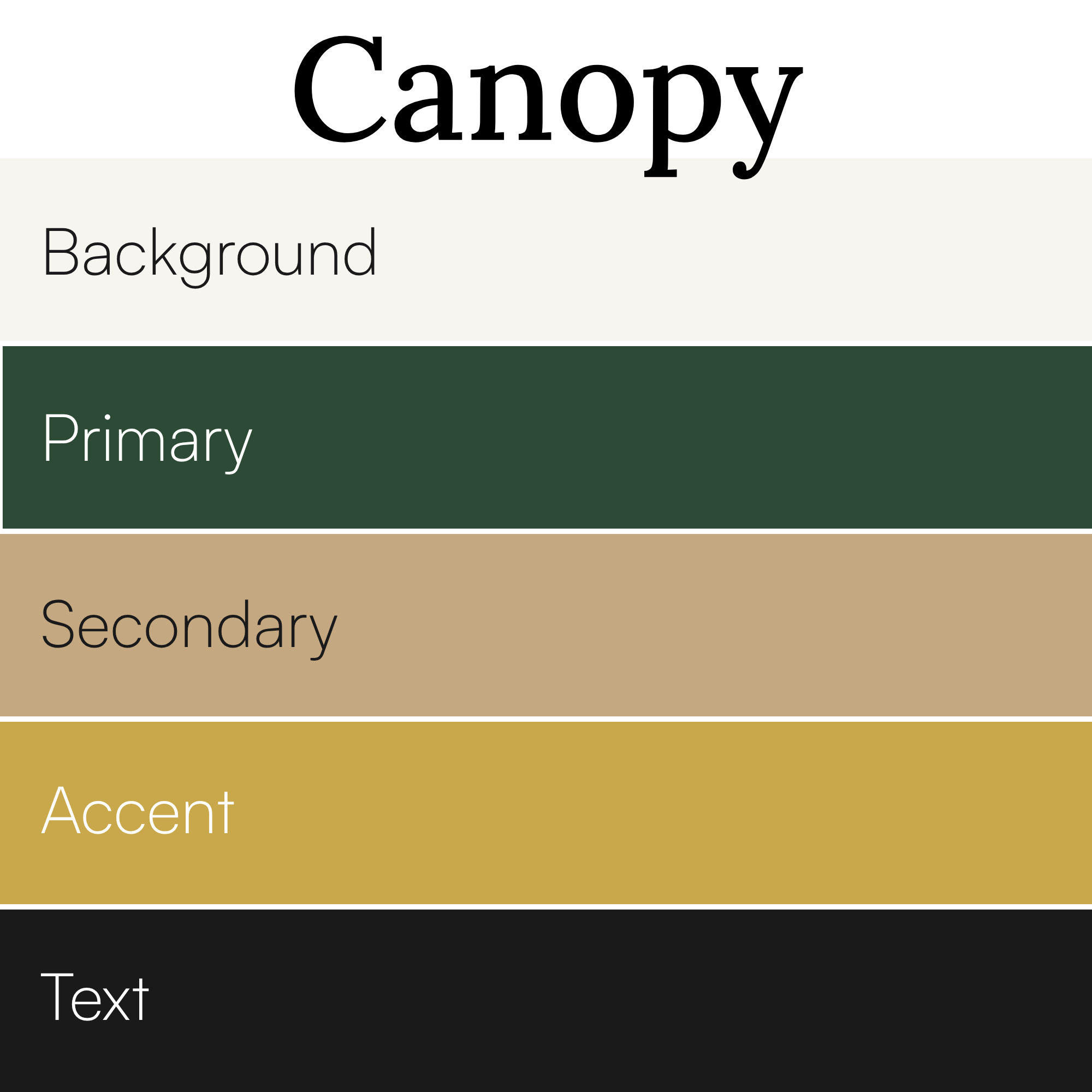 A presentation slide with a color-coded hierarchy of font categories: Canopy, Primary, Secondary, Accent, Text.