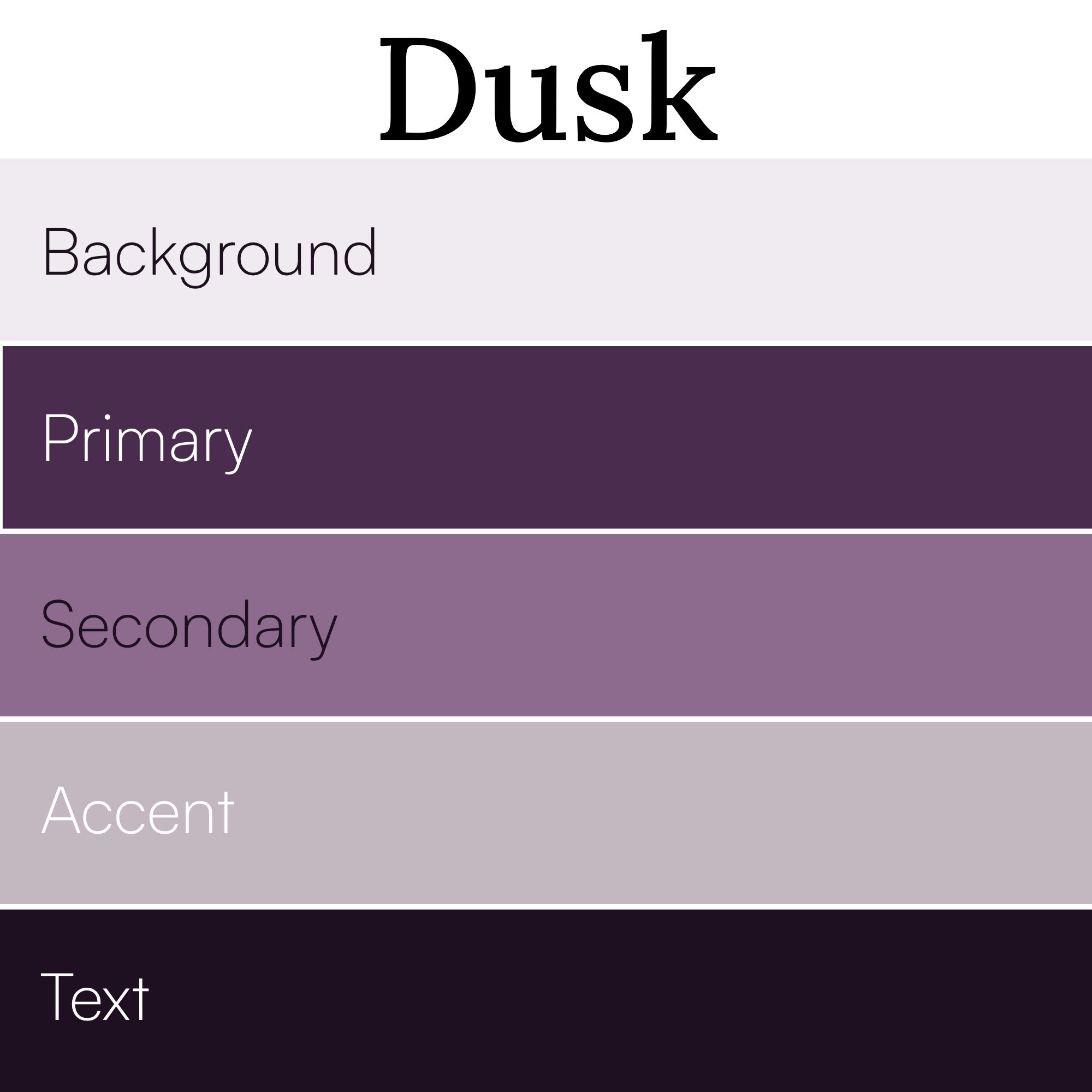 A screenshot of the theme customization menu for a website with options for Dusk, Background, Primary, Secondary, Accent, and Text, each represented by colored bars.