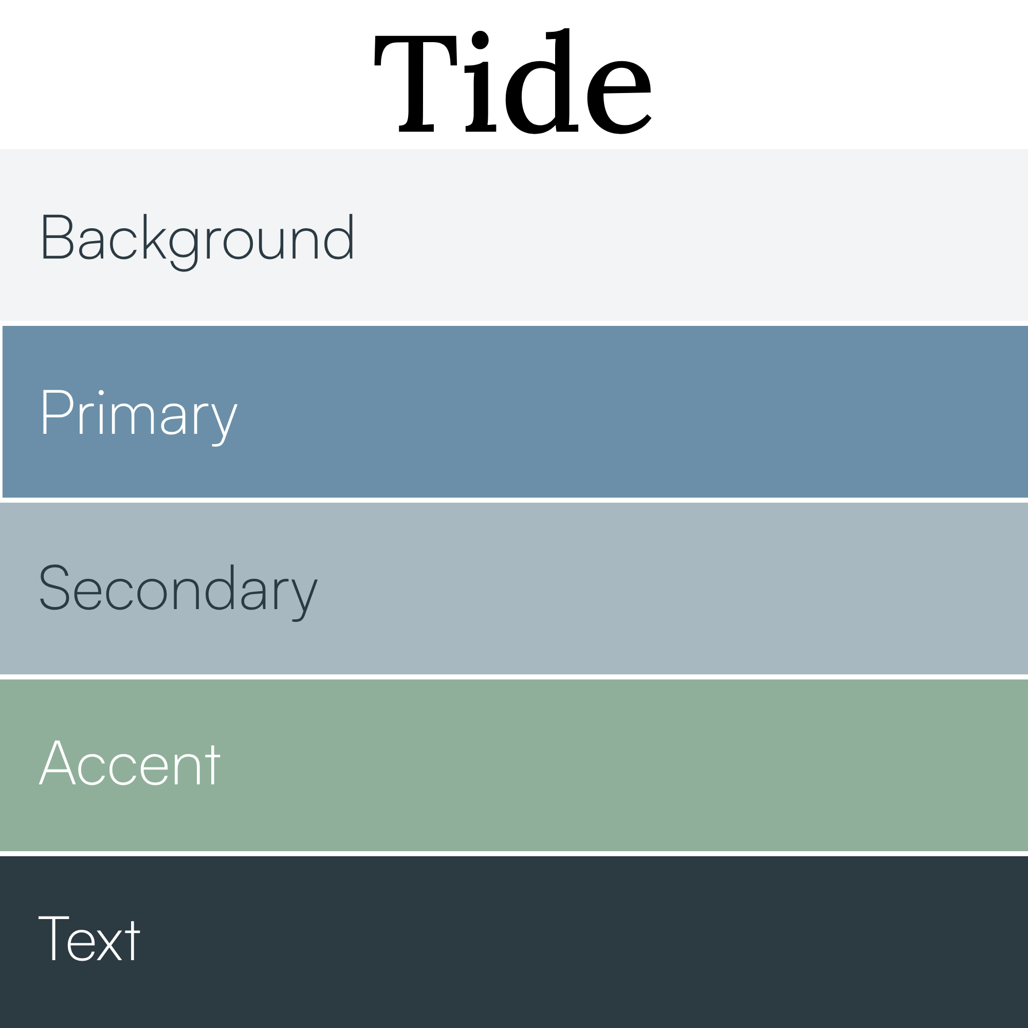 Screenshot of a multi-colored presentation slide with labeled sections for 'Tide,' 'Primary,' 'Secondary,' 'Accent,' and 'Text'.