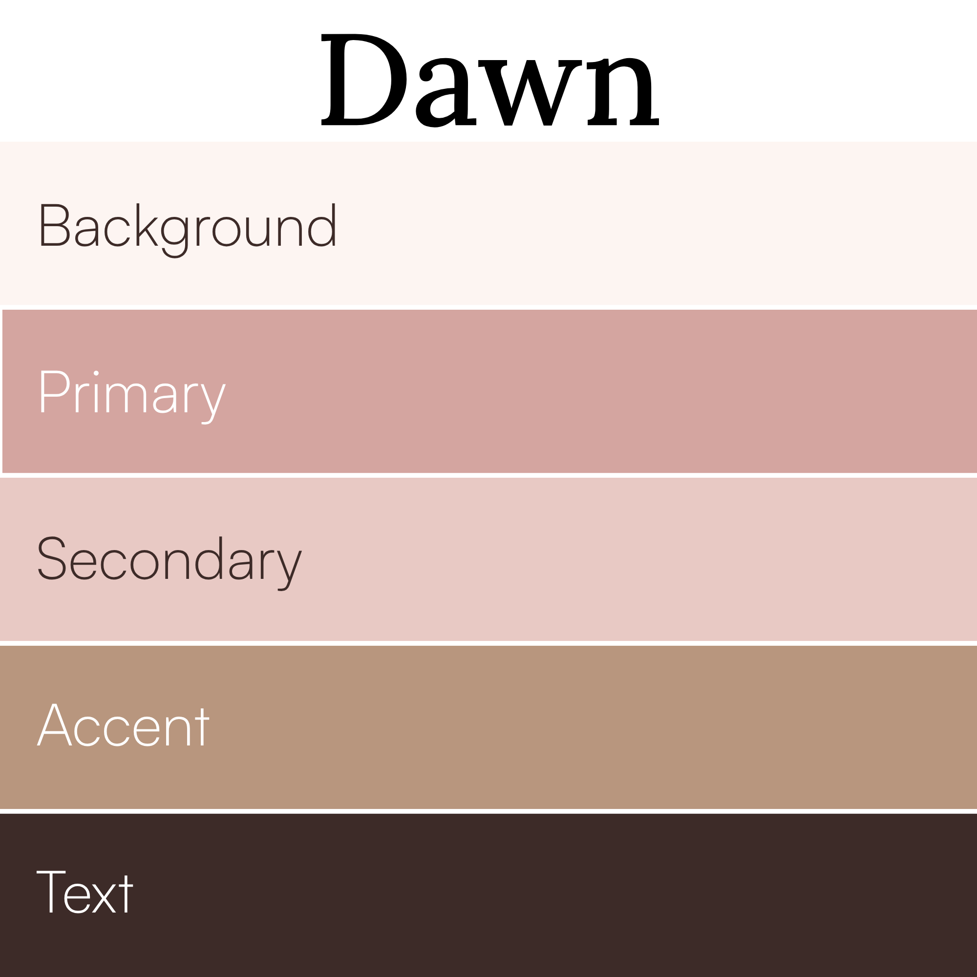 Screenshot of a font size and style selection menu with various options such as Dawn, Background, Primary, Secondary, Accent, and Text, each in different font styles and colors.