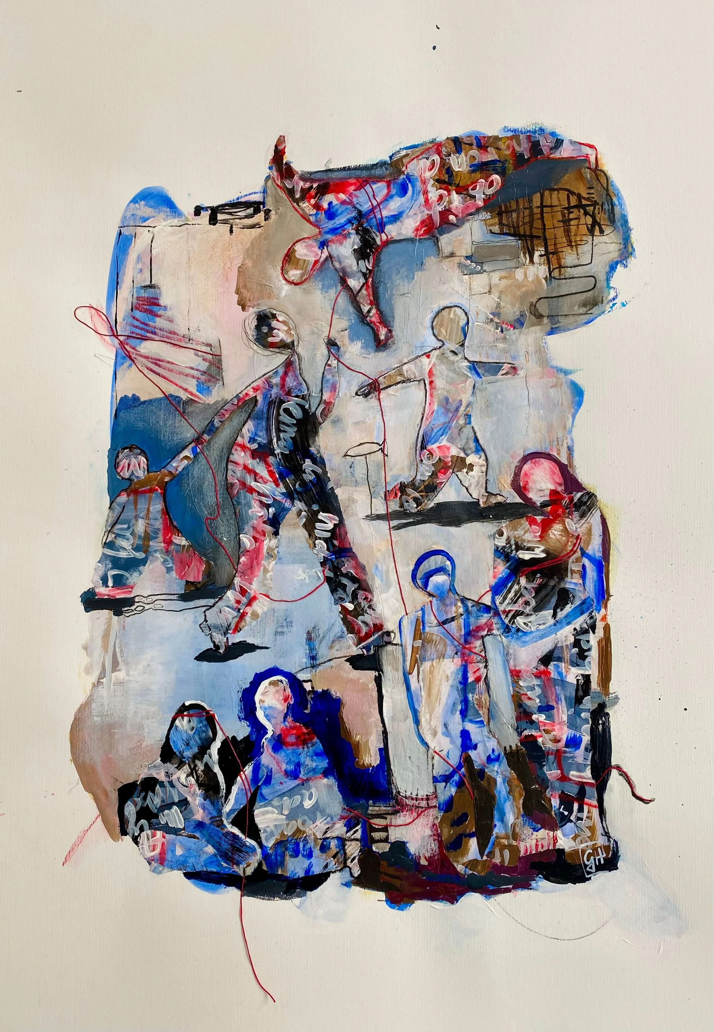 The Heart Expands or Splits
2024
Mixed media collage with cotton string on paper
100 x 70 cm, 40 x 28 in
Title is from the poem "A Verb Found" 
by Alison J. Barton