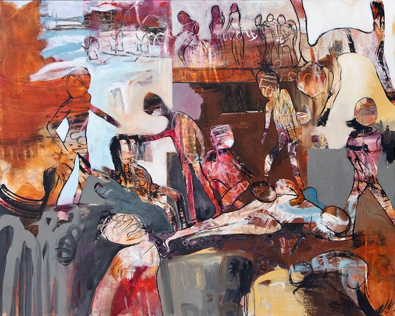 You Me Them Us
2021
Acrylic, wax crayon on canvas
48 x 60 in / 121 x 152 cm