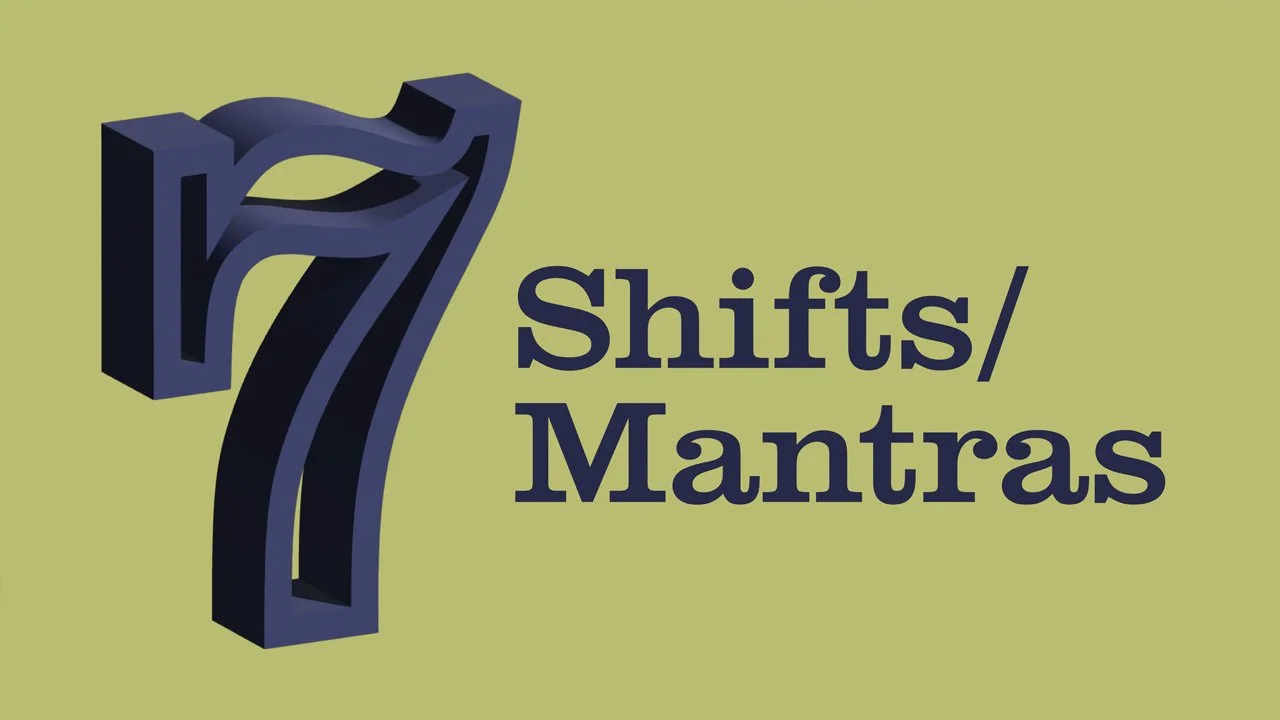 Illustration of the number 7 with a shadow, alongside the text "Shifts/Mantras" on a light green background.