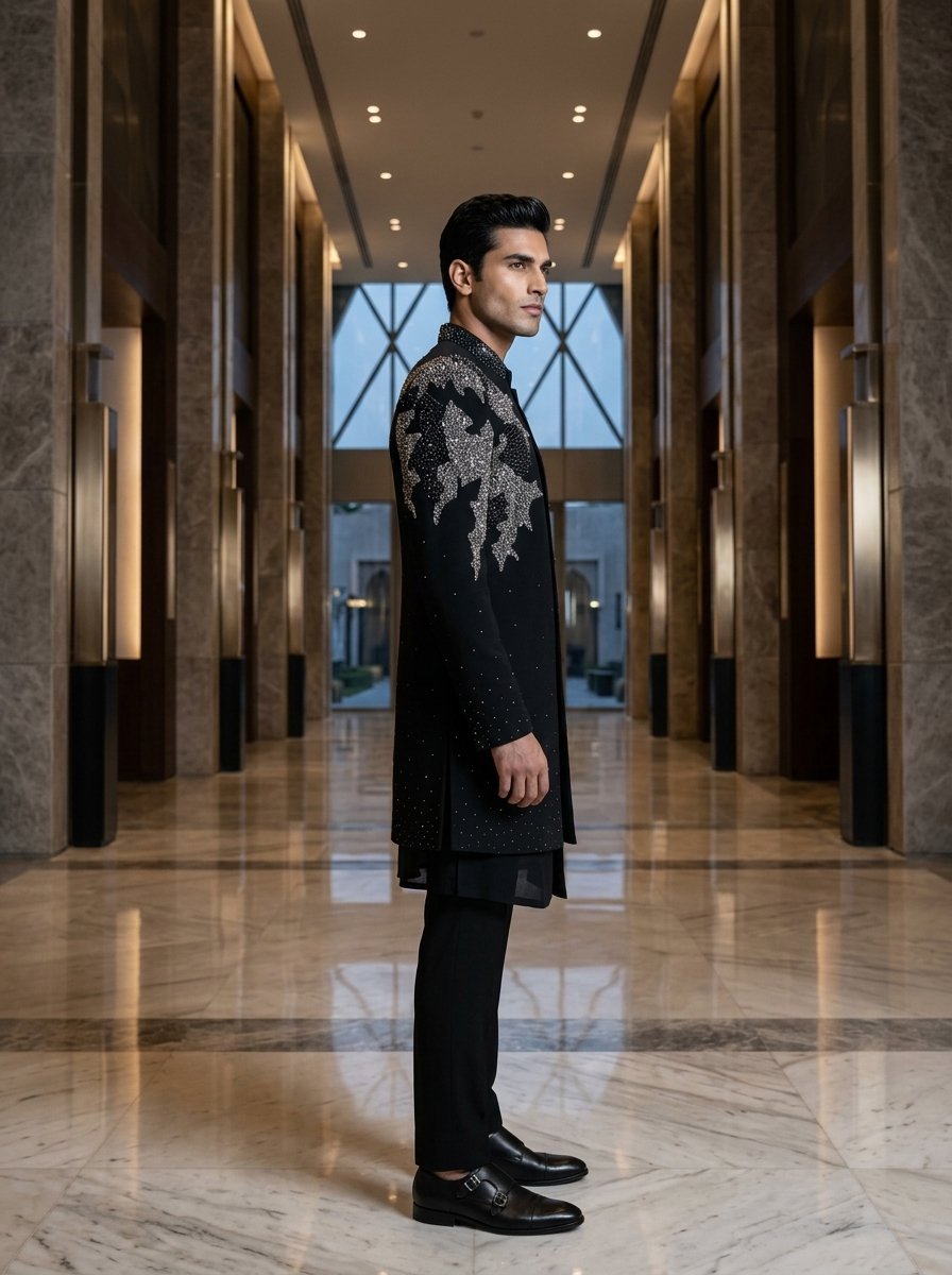 Model_wearing_black_sherwani_jacket_202608051751.jpeg