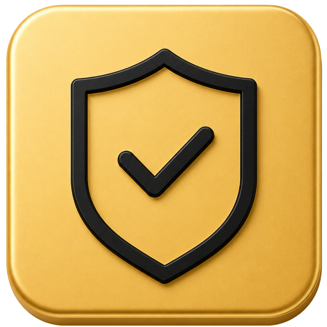 A gold-colored square icon with rounded edges featuring a black shield outline containing a clock hand forming a checkmark, symbolizing security or protection.