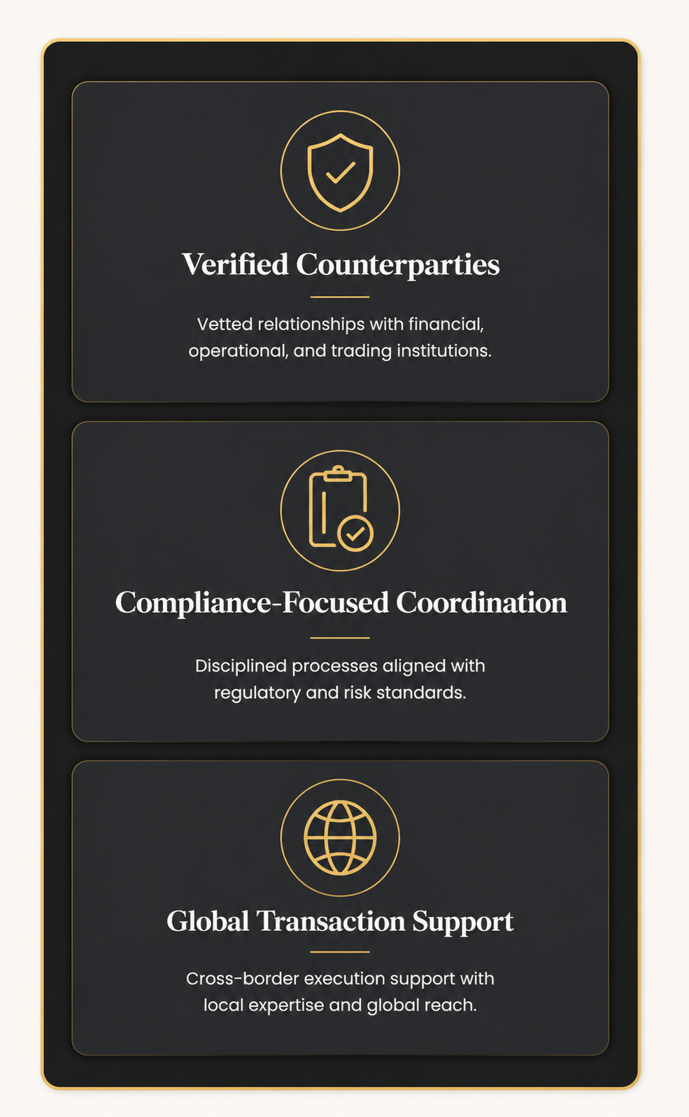 Three dark rectangular panels with gold outlines and icons, featuring text about verified counterparites, compliance-focused coordination, and global transaction support.