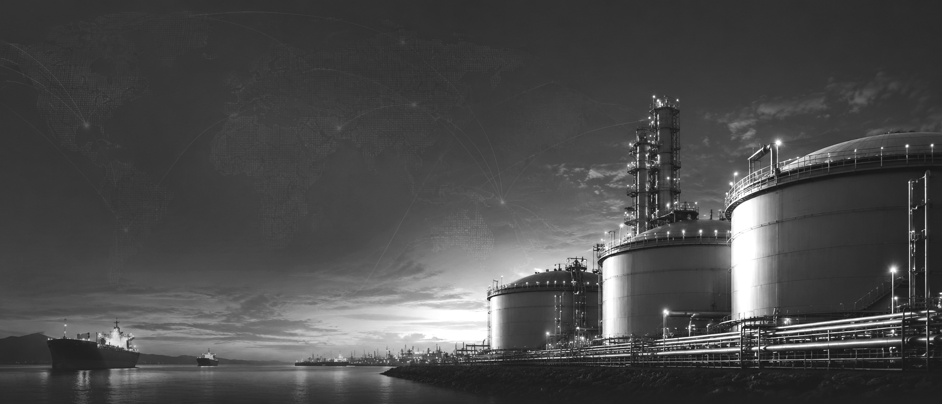Black and white photo of an industrial port with large storage tanks, pipelines, and ships on the water at sunset, with a world map overlay in the background.