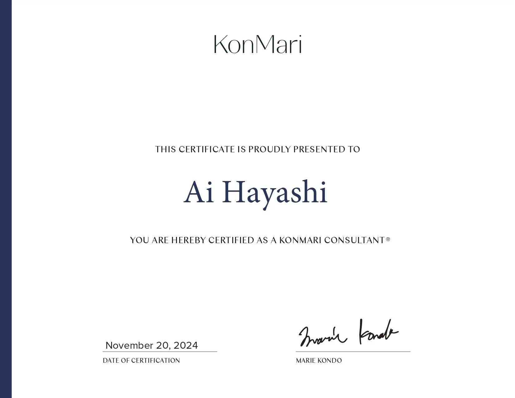 Konmari Professional Certificate - Ai Hayashi Marie Kondo KMI