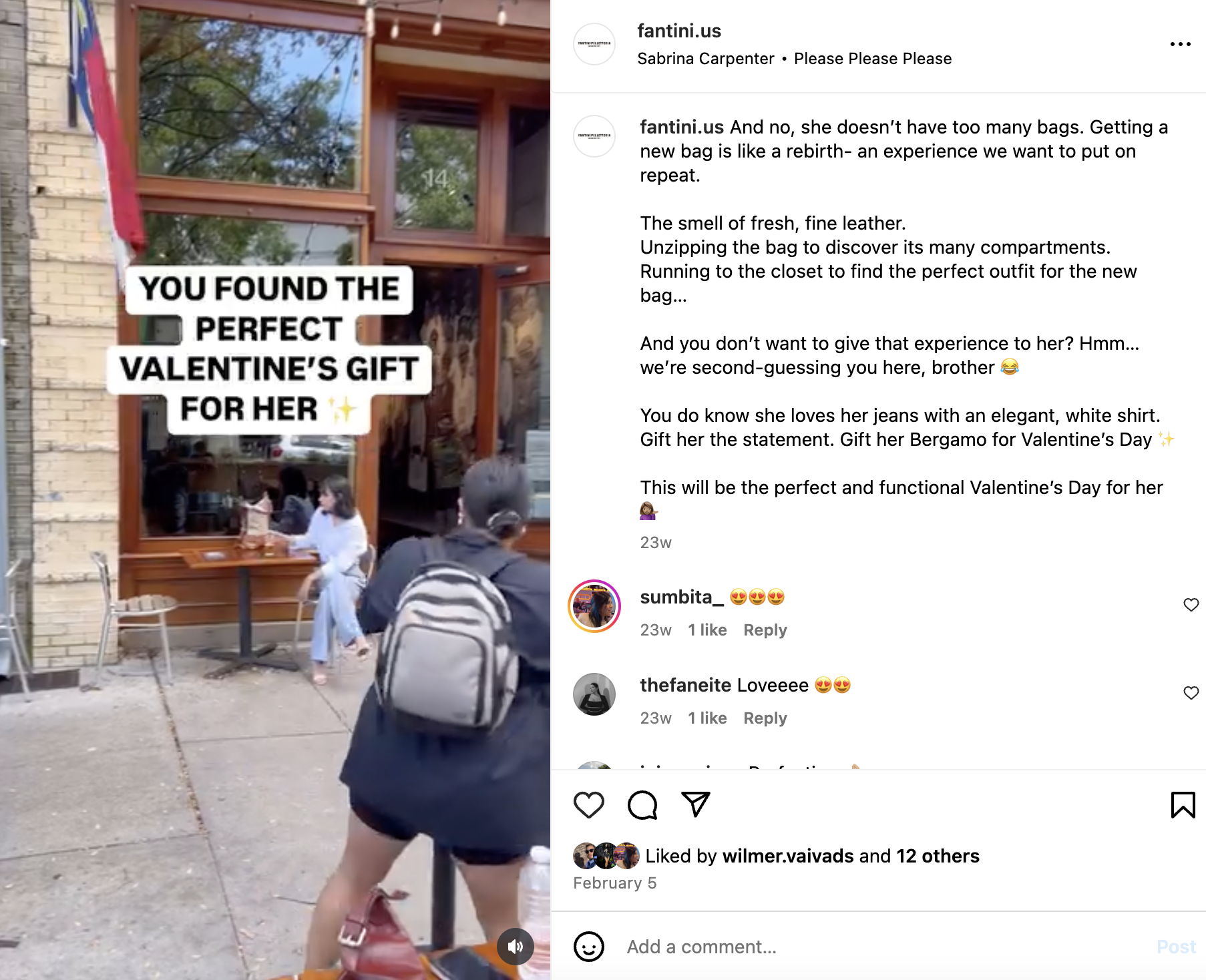 Fantini Pelletteria Valentine's Instagram Post