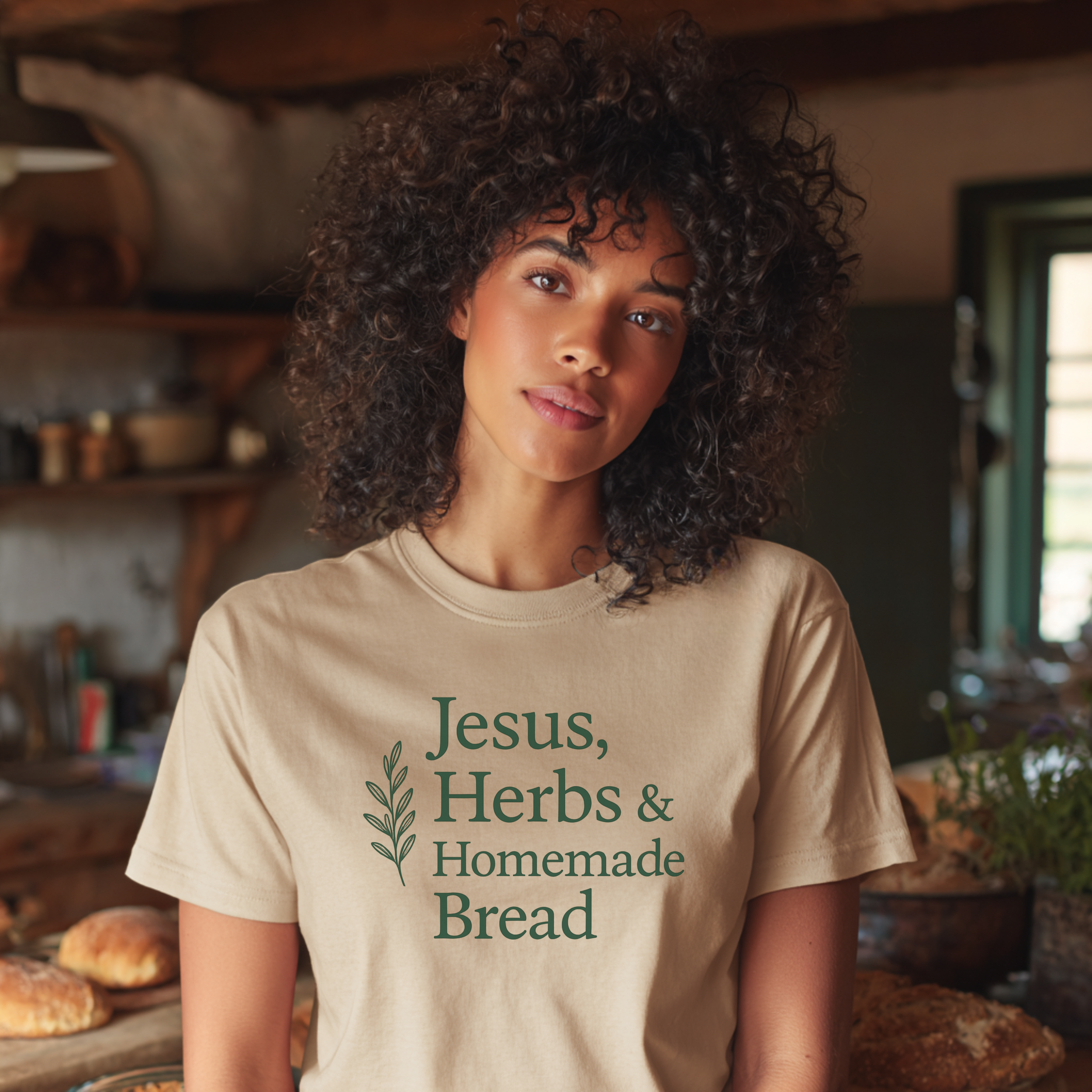 Jesus, Herbs & Homemade Bread T-Shirt | Soft Cotton Christian Homestead Tee | Faith-Filled Farmhouse Apparel