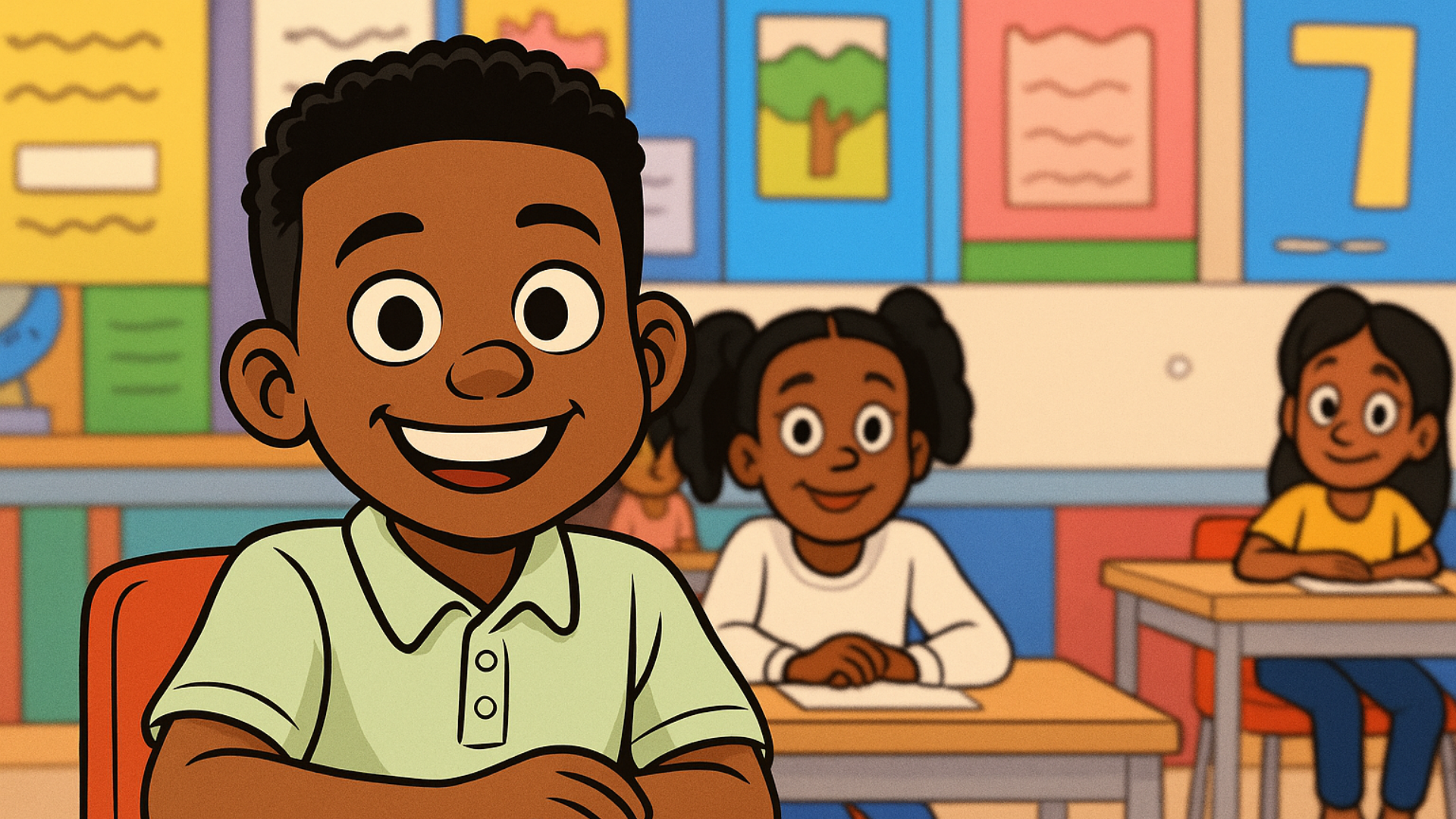 Three children sitting together, smiling, and looking at a device in a bright classroom.