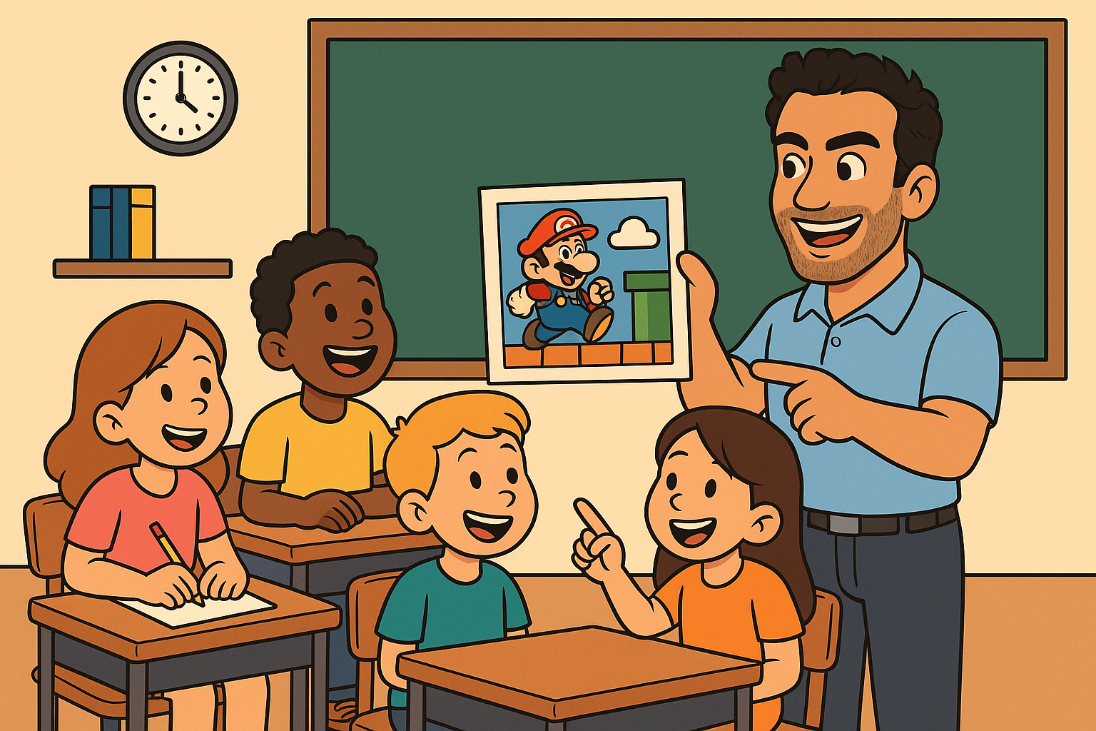 A teacher showing a picture of Mario to a classroom of five children, all smiling and engaging in the lesson.