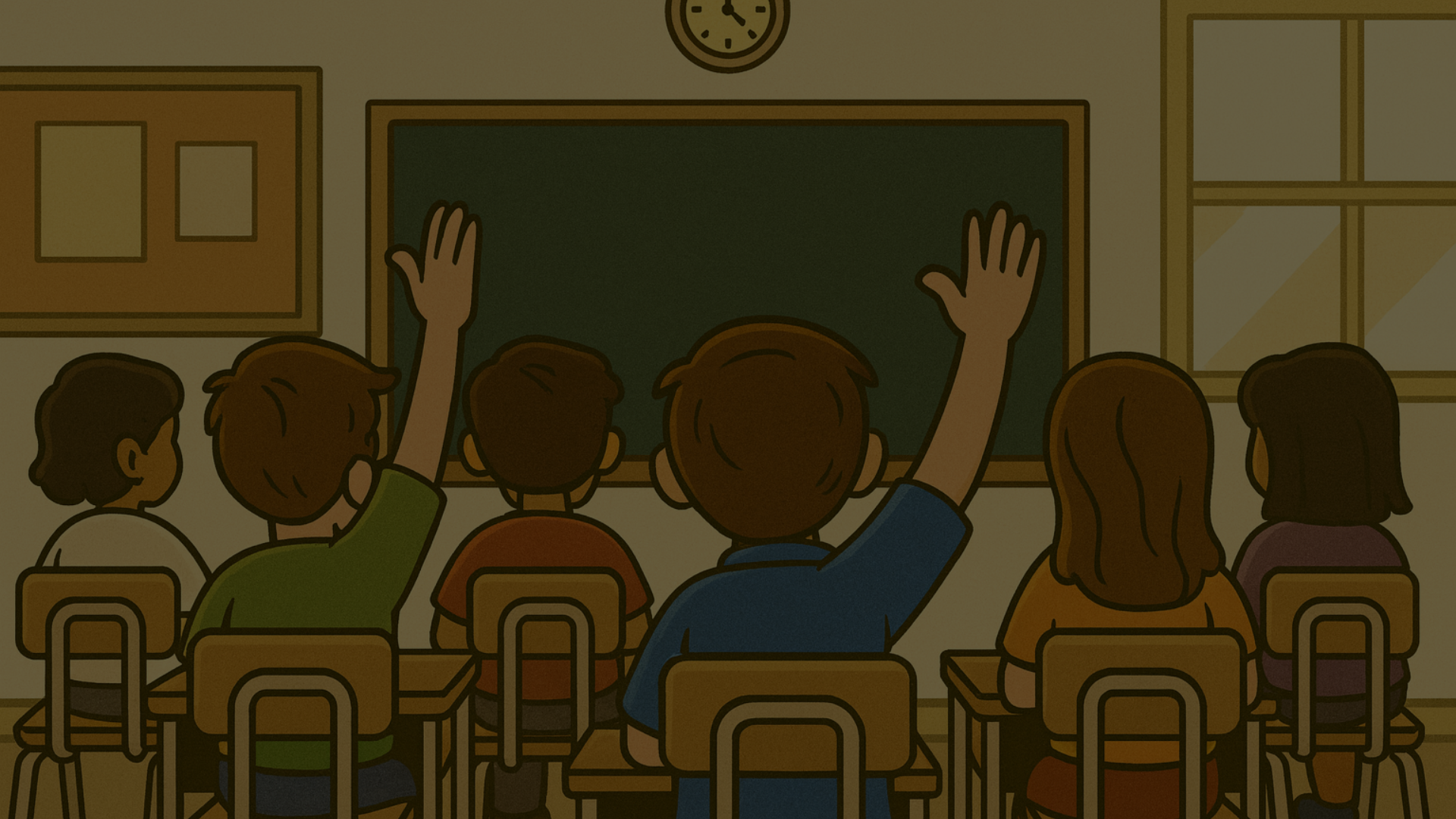 Children sitting at desks in a classroom, writing in notebooks.
