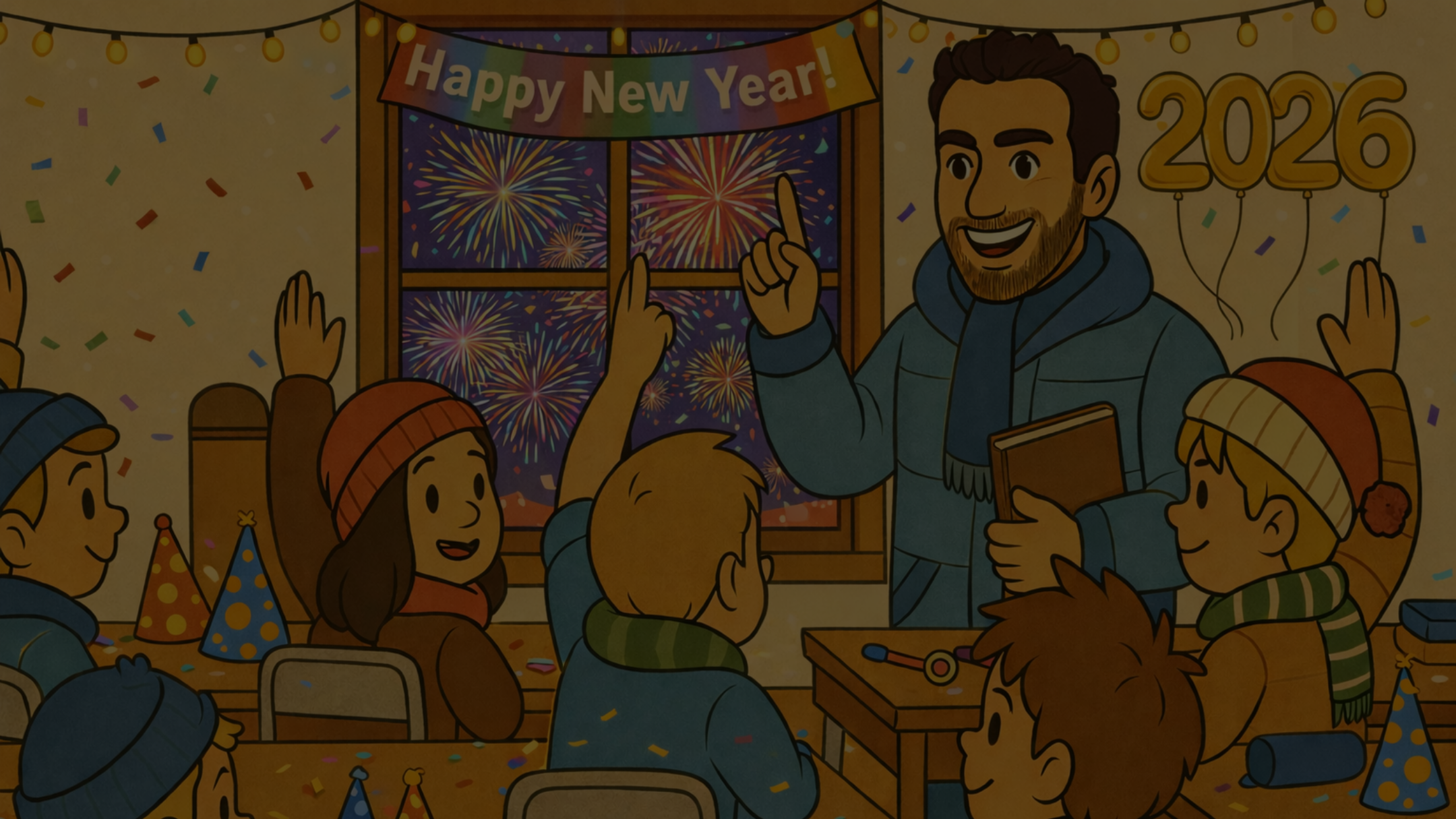 Children sitting at desks in a classroom, writing in notebooks.