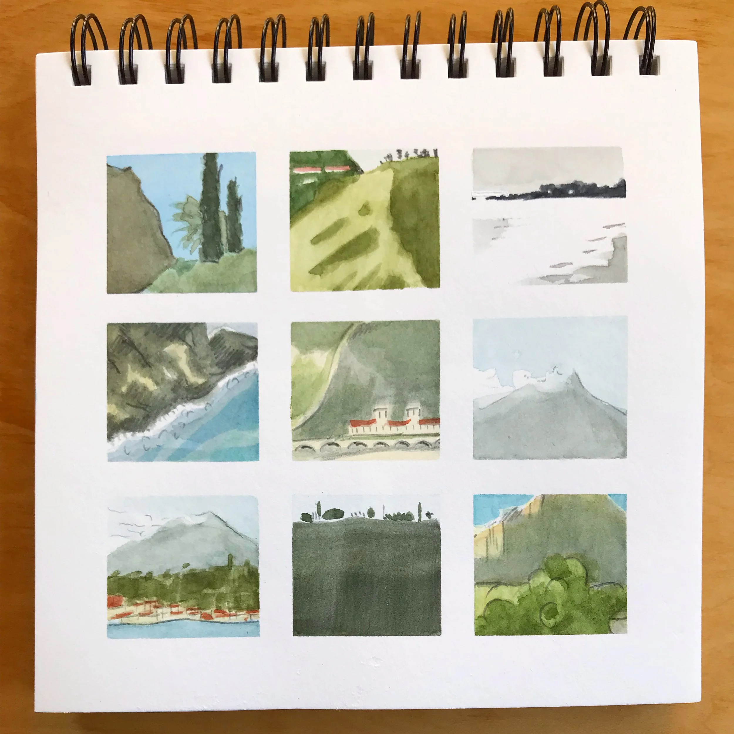  travel sketchbook, 7x7, watercolor and graphite 