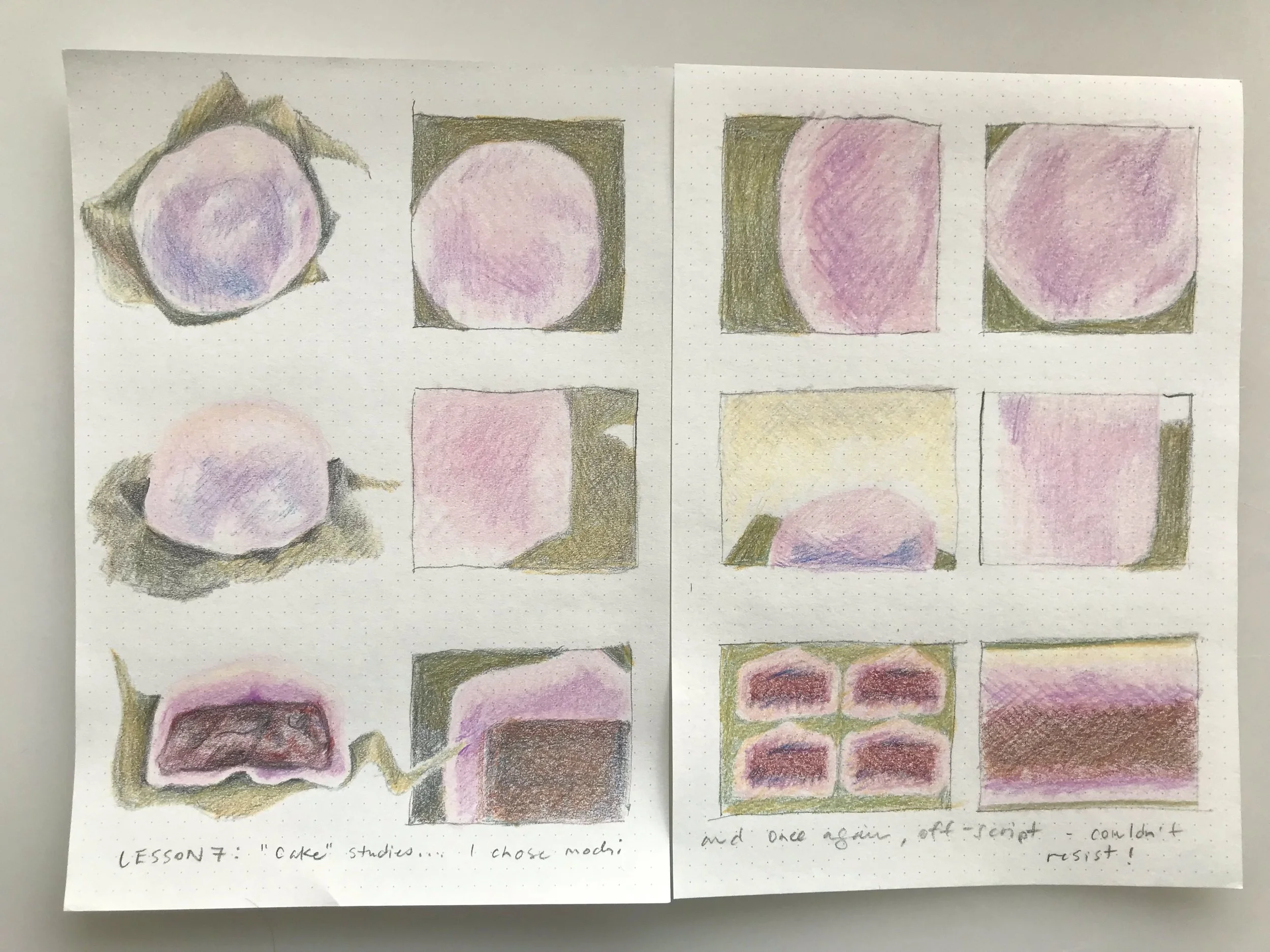  classwork: pastry study, 5x8 (2), colored pencil on dotted paper 