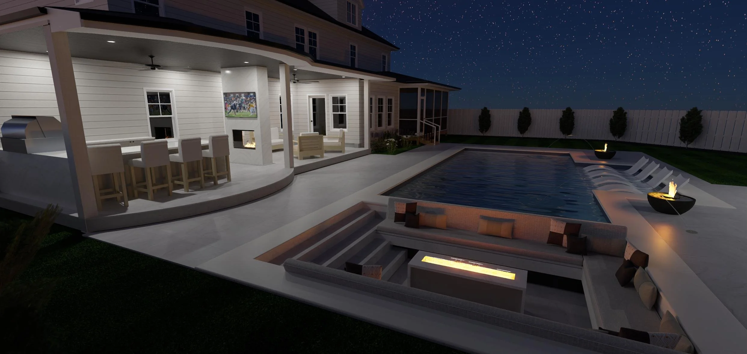 Night view of a backyard with a pool, outdoor seating area with cushions, a fire pit, a bar with chairs, and a house with a porch. The sky is starry.