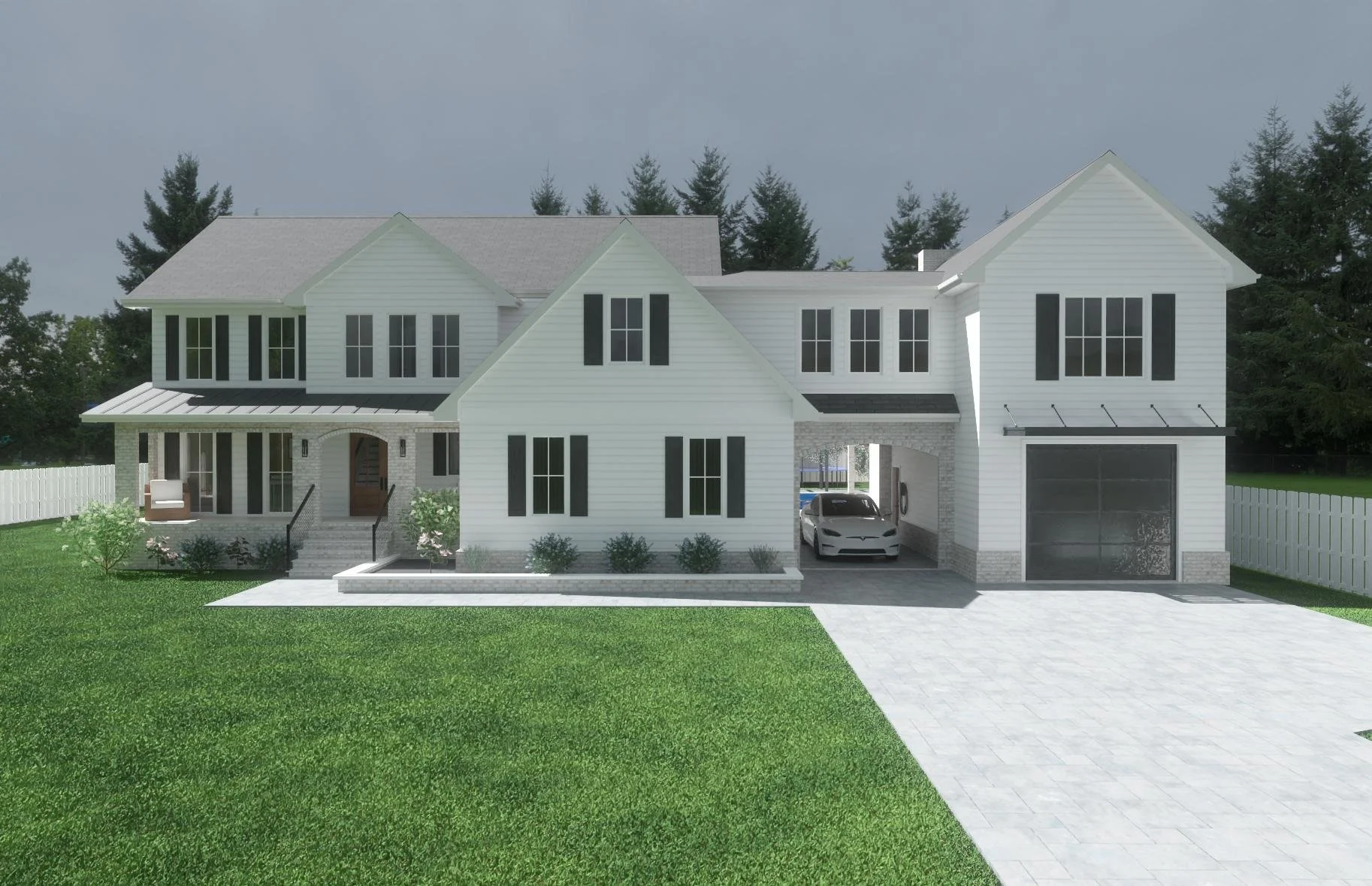 A large two-story white house with black shutters, a driveway leading to a garage, and a lawn with small trees and bushes.