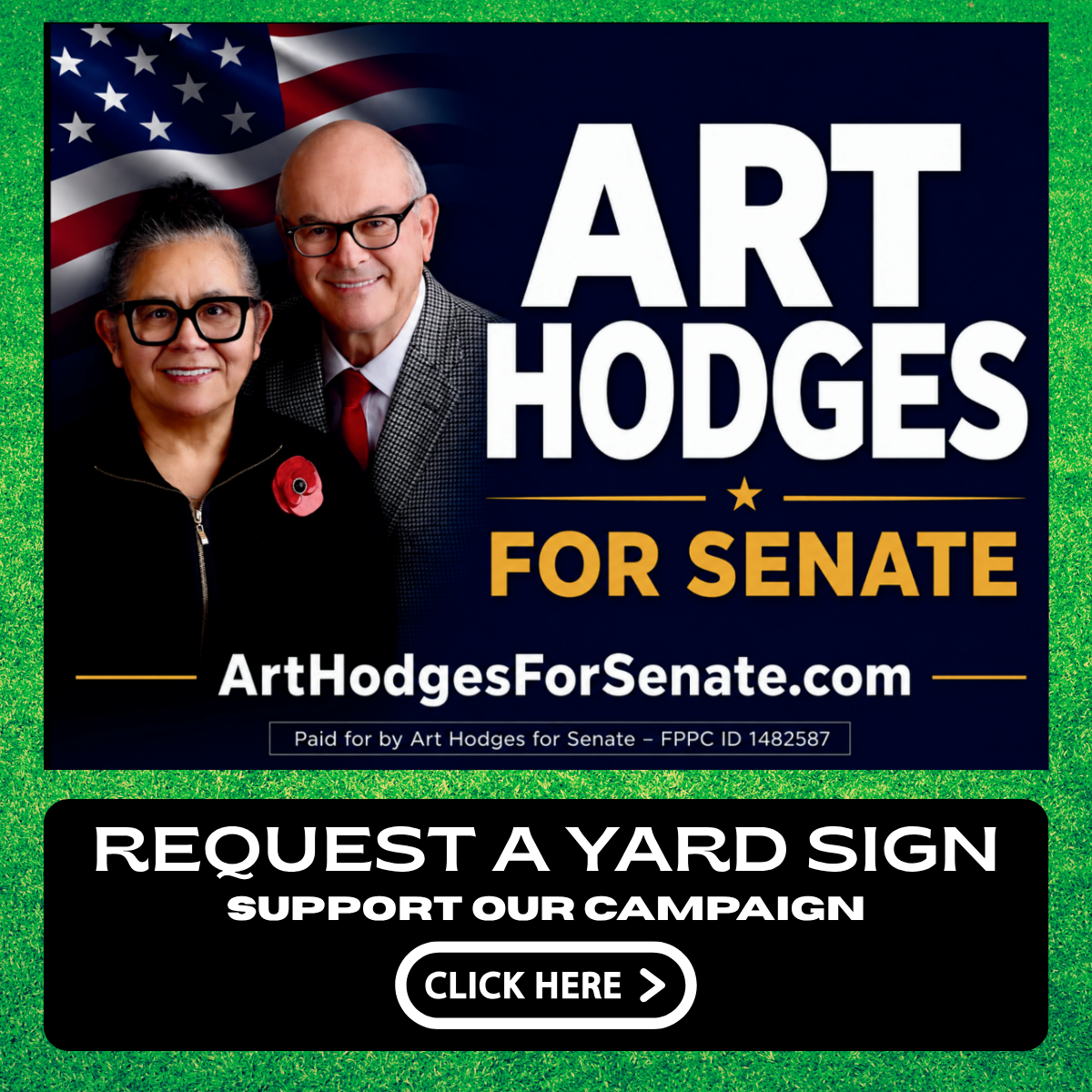 Campaign sign for Art Hodges running for Senate, featuring a man and woman in front of an American flag, with text encouraging support and requesting a yard sign.