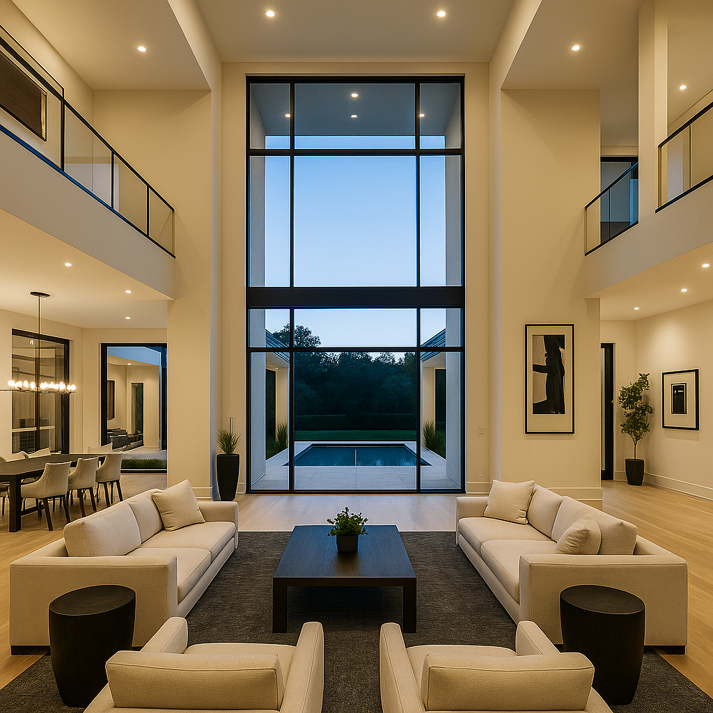 Modern living room with high ceilings, large floor-to-ceiling windows showcasing a pool and outdoor landscape, with white sofas and armchairs arranged around a dark coffee table, stylish artwork on the walls, and decorative plants.