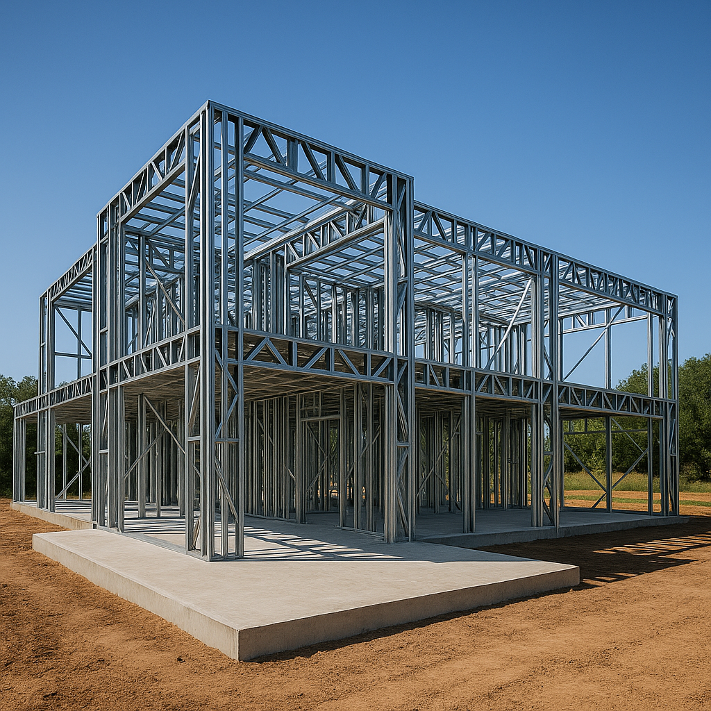 Steel framing for a two-story building under construction on a concrete foundation, with a clear blue sky in the background.