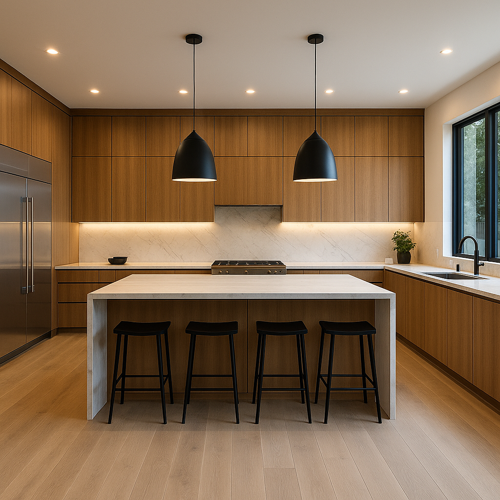 Modern kitchen with wooden cabinets, white countertops, black pendant lights, stainless steel refrigerator, and black bar stools.