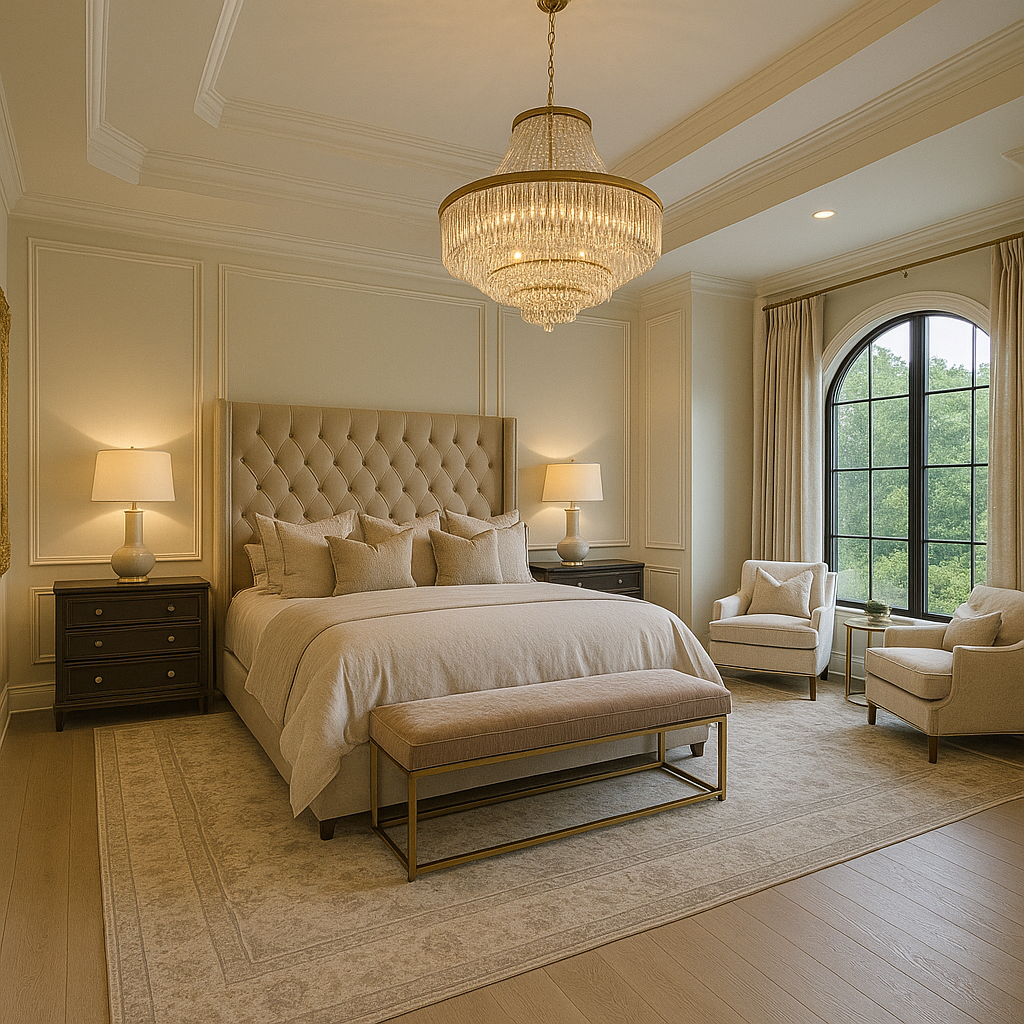 Elegant bedroom with a large bed, tufted headboard, two nightstands with lamps, two armchairs near a large arched window, and a chandelier hanging from the ceiling.