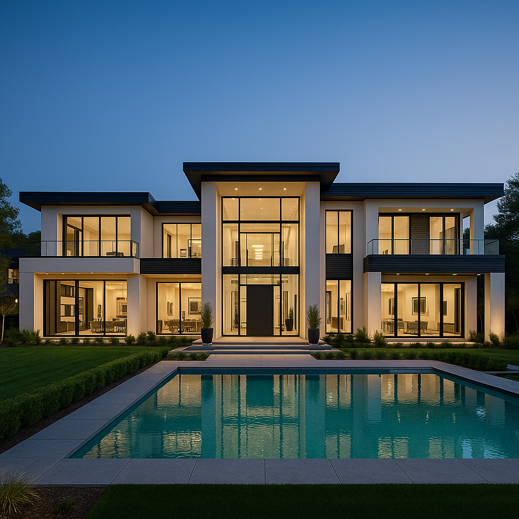 Modern two-story house with large glass windows, a pool in the front, and landscaped yard at dusk.
