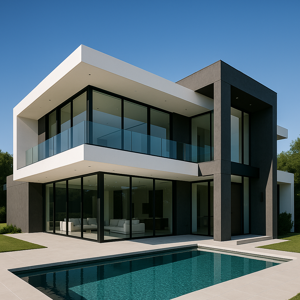 Modern two-story house with large glass windows, a swimming pool in the backyard, and a clear blue sky.