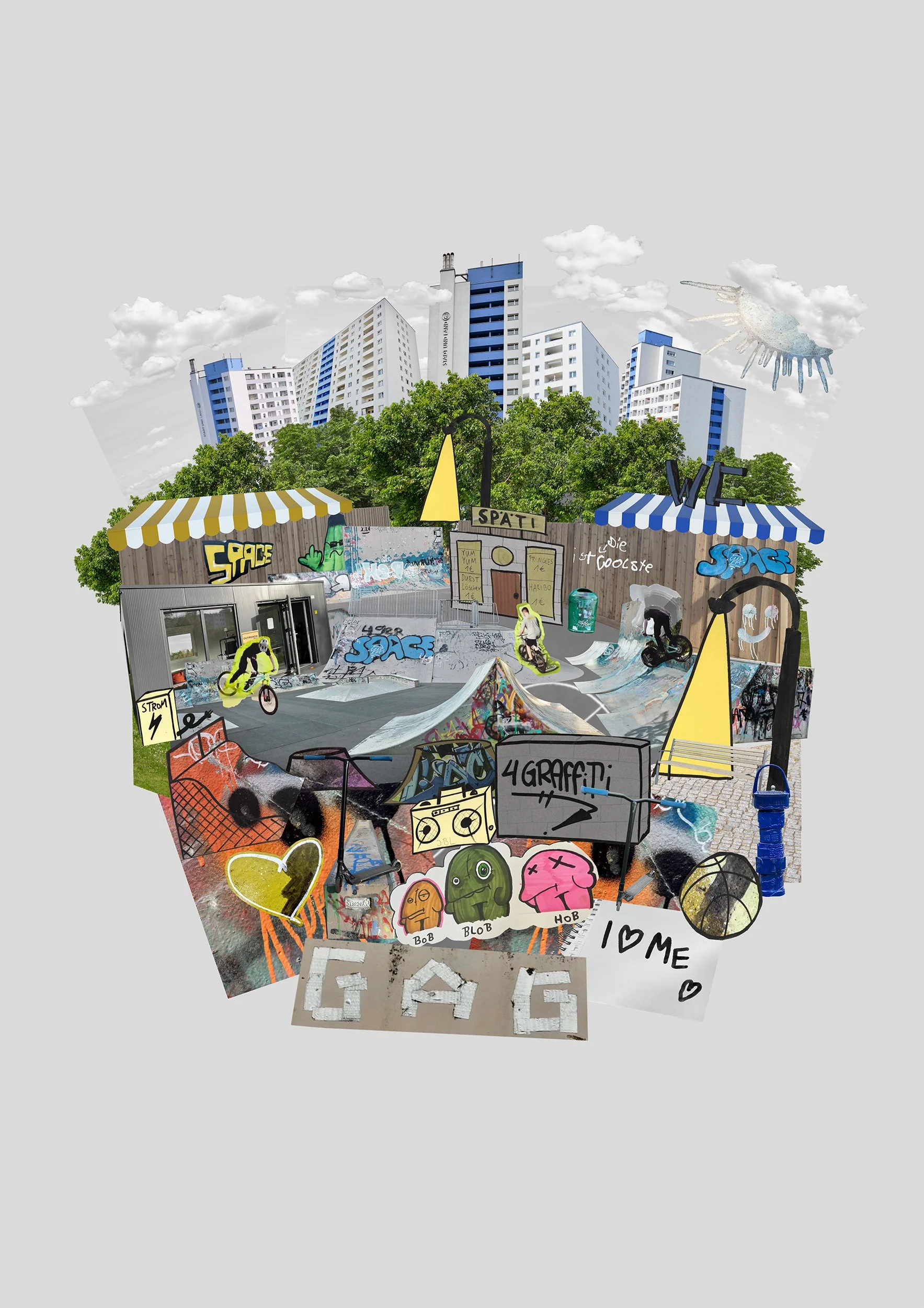 Collage zeight Skatepark mit Graffiti, Skateboards, BMX-Fahrern, Sprühdosen und Stadtleben im Hintergrund.